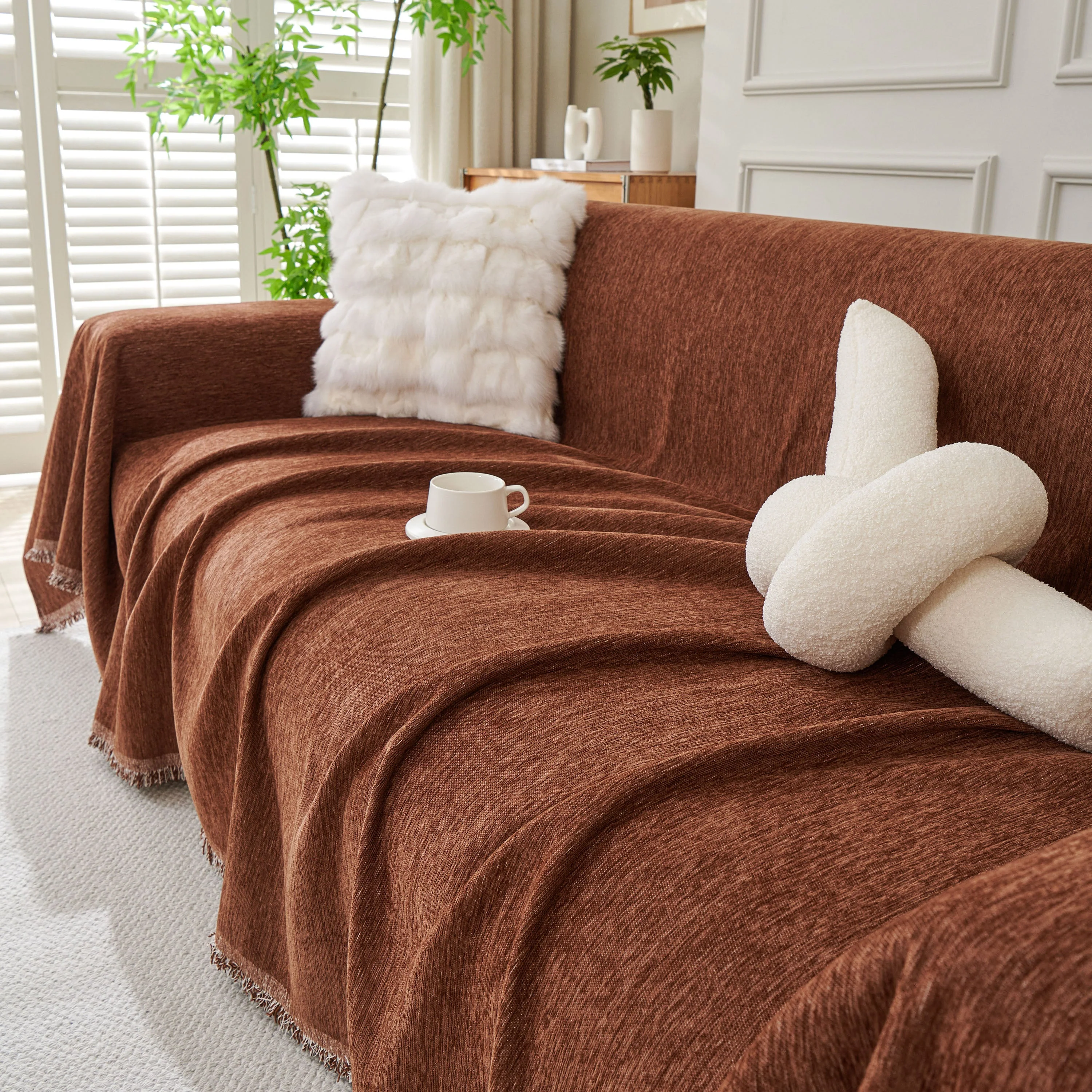 Solid Color Chenille Sofa Throw Blanket, Modern Decor Soft Couch Cover with Fringes - Image 28