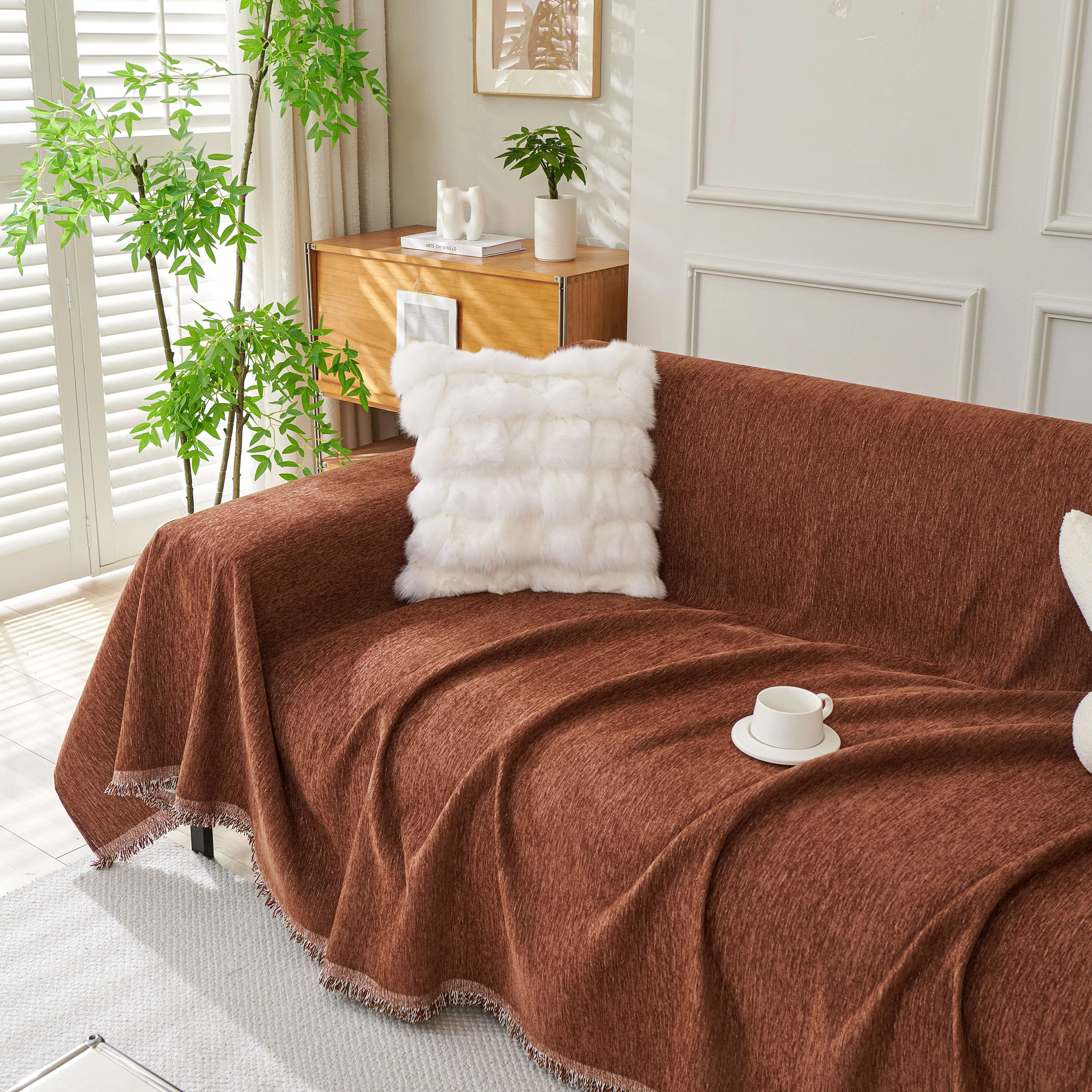 Solid Color Chenille Sofa Throw Blanket, Modern Decor Soft Couch Cover with Fringes - Image 29
