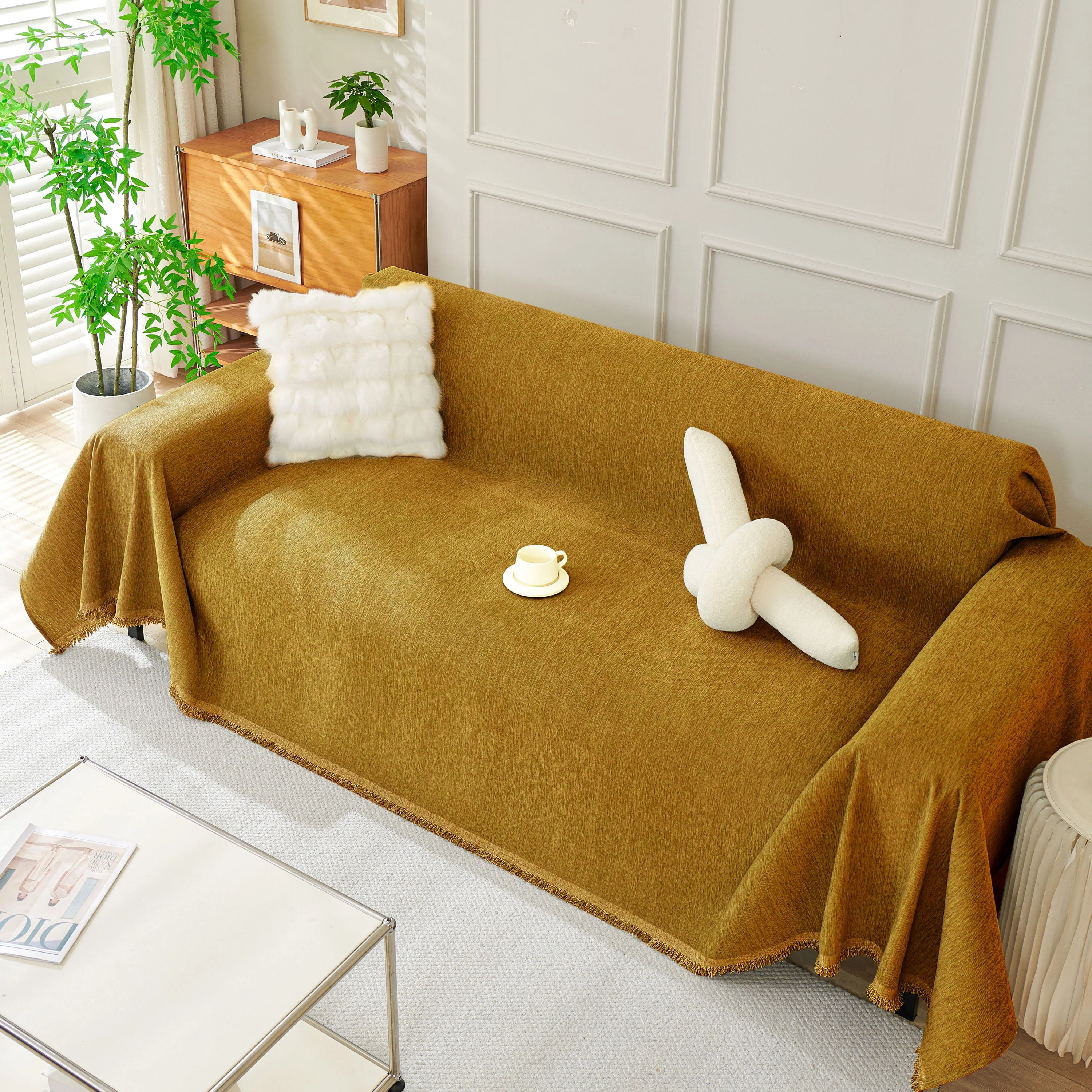 Solid Color Chenille Sofa Throw Blanket, Modern Decor Soft Couch Cover with Fringes - Image 3