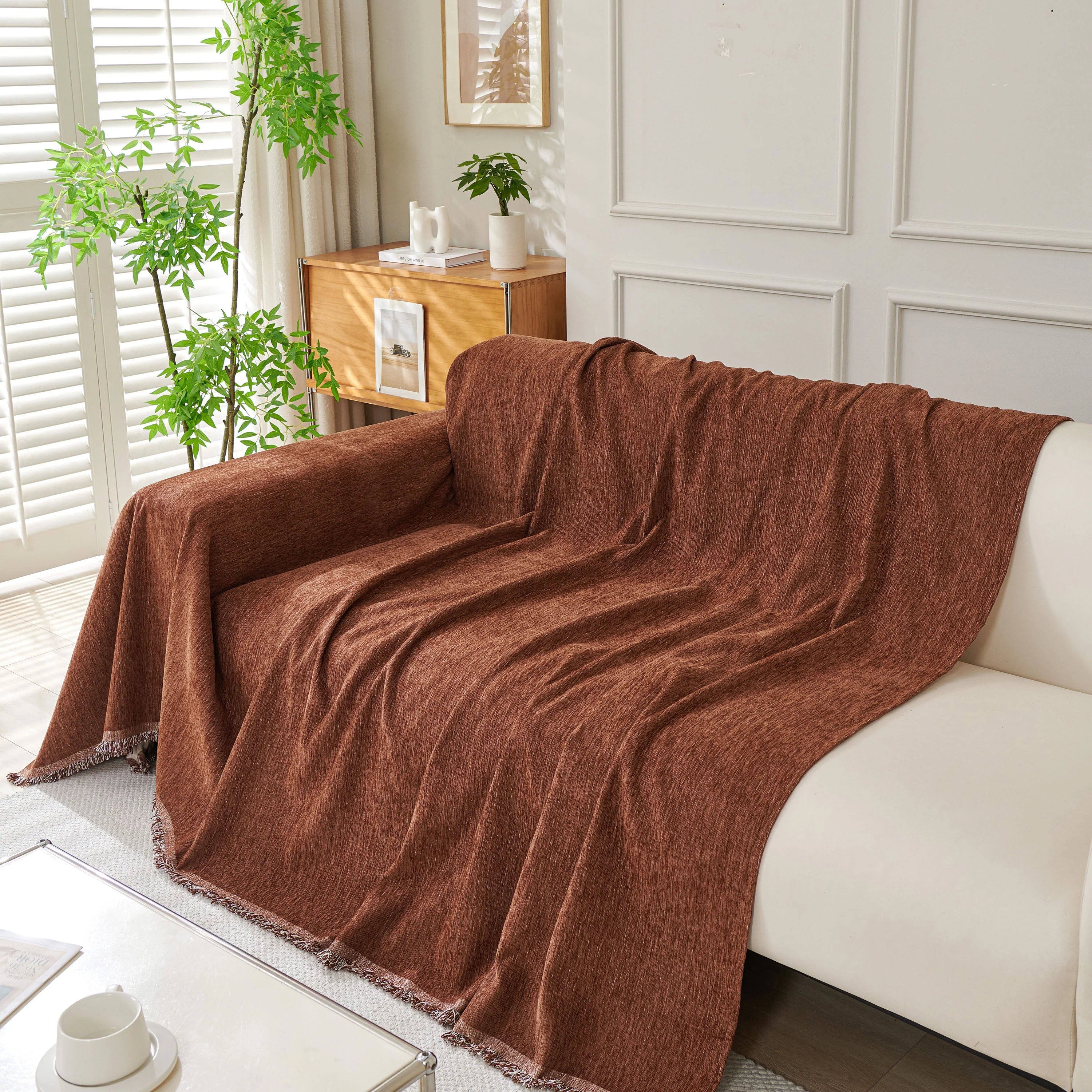Solid Color Chenille Sofa Throw Blanket, Modern Decor Soft Couch Cover with Fringes - Image 34