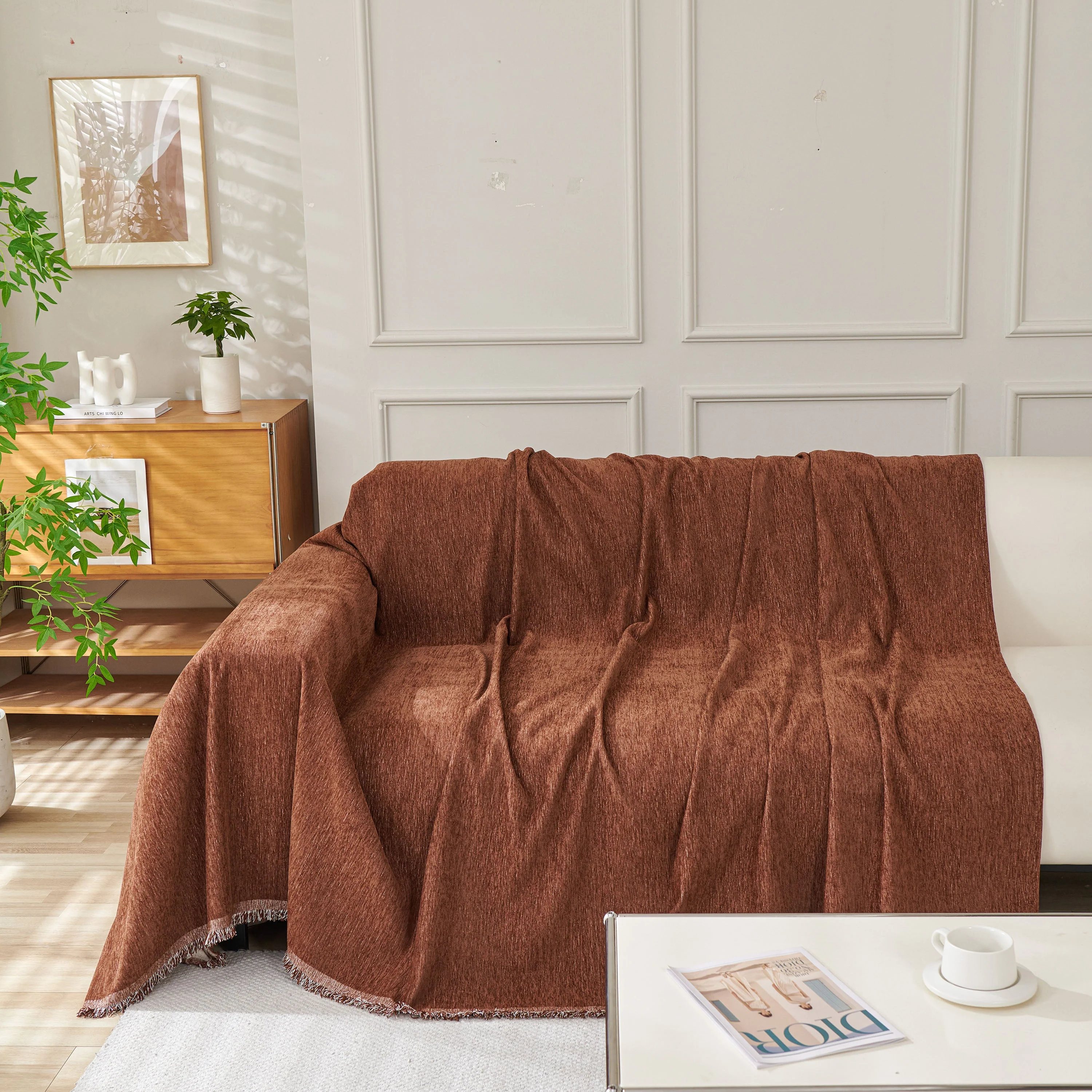 Solid Color Chenille Sofa Throw Blanket, Modern Decor Soft Couch Cover with Fringes - Image 35