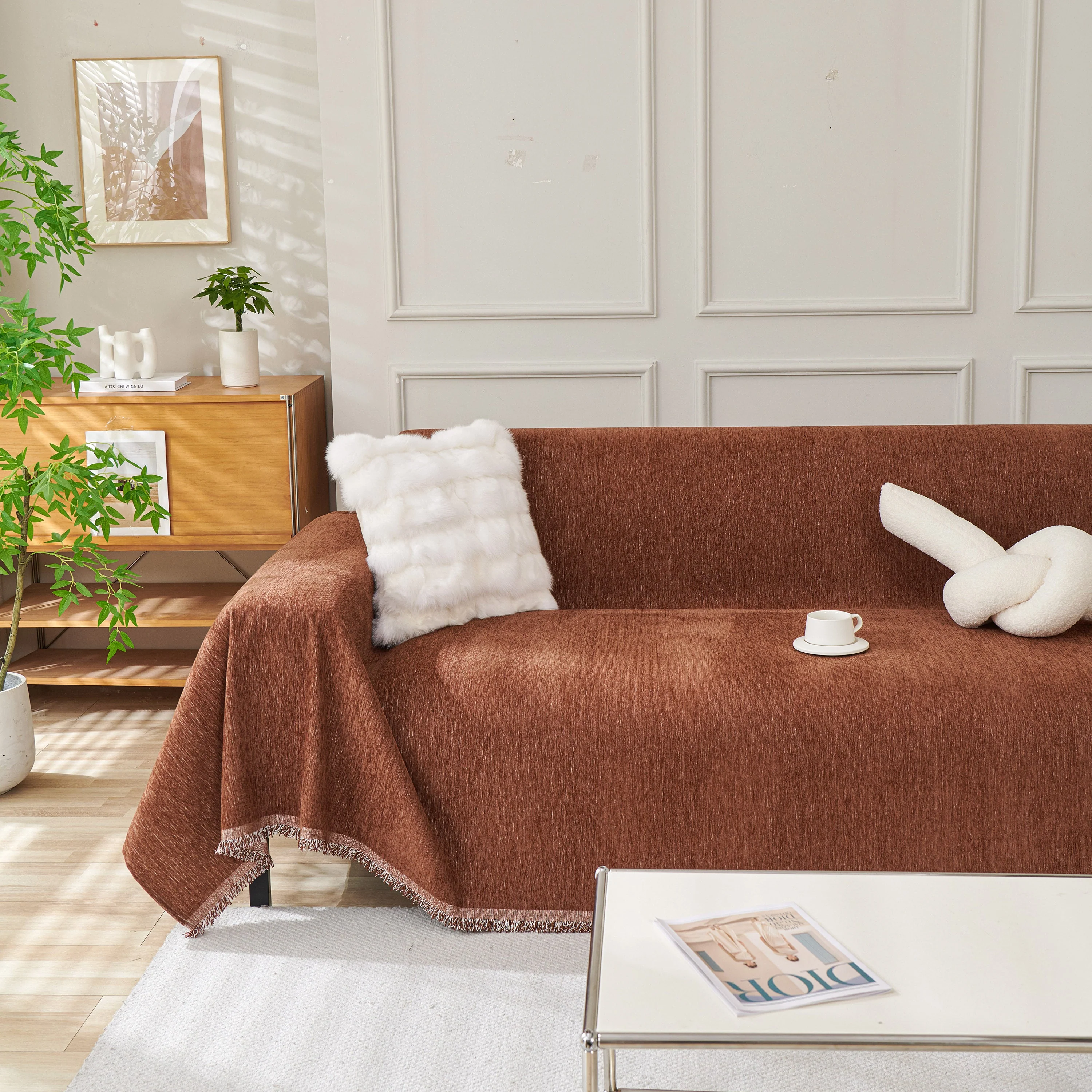 Solid Color Chenille Sofa Throw Blanket, Modern Decor Soft Couch Cover with Fringes - Image 36