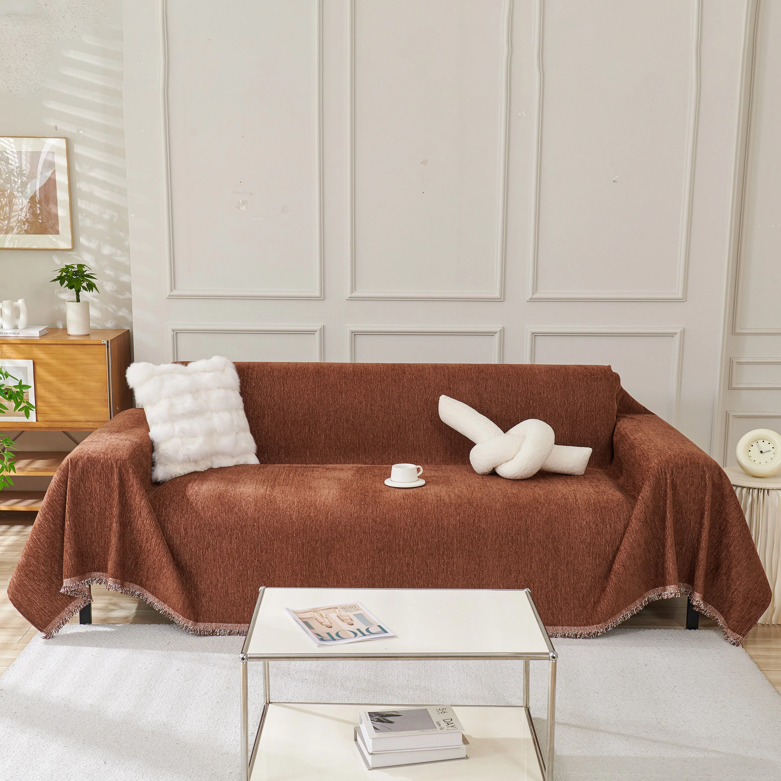 Solid Color Chenille Sofa Throw Blanket, Modern Decor Soft Couch Cover with Fringes - Image 37