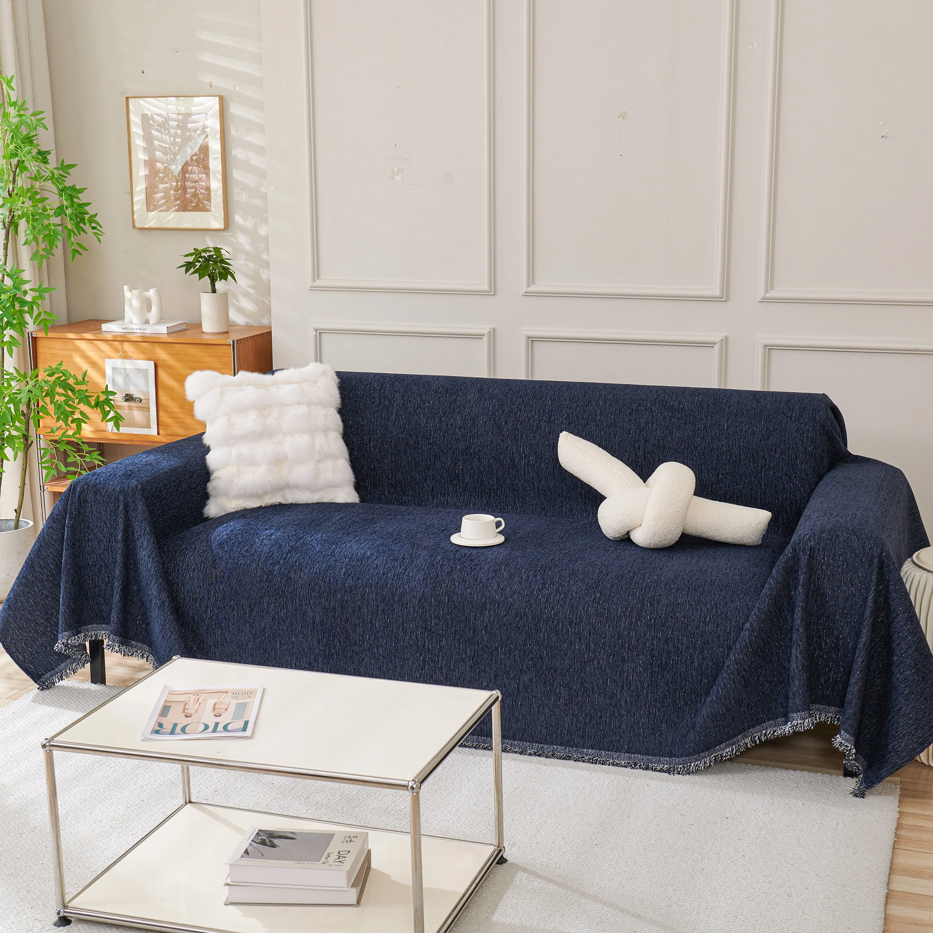 Solid Color Chenille Sofa Throw Blanket, Modern Decor Soft Couch Cover with Fringes - Image 39