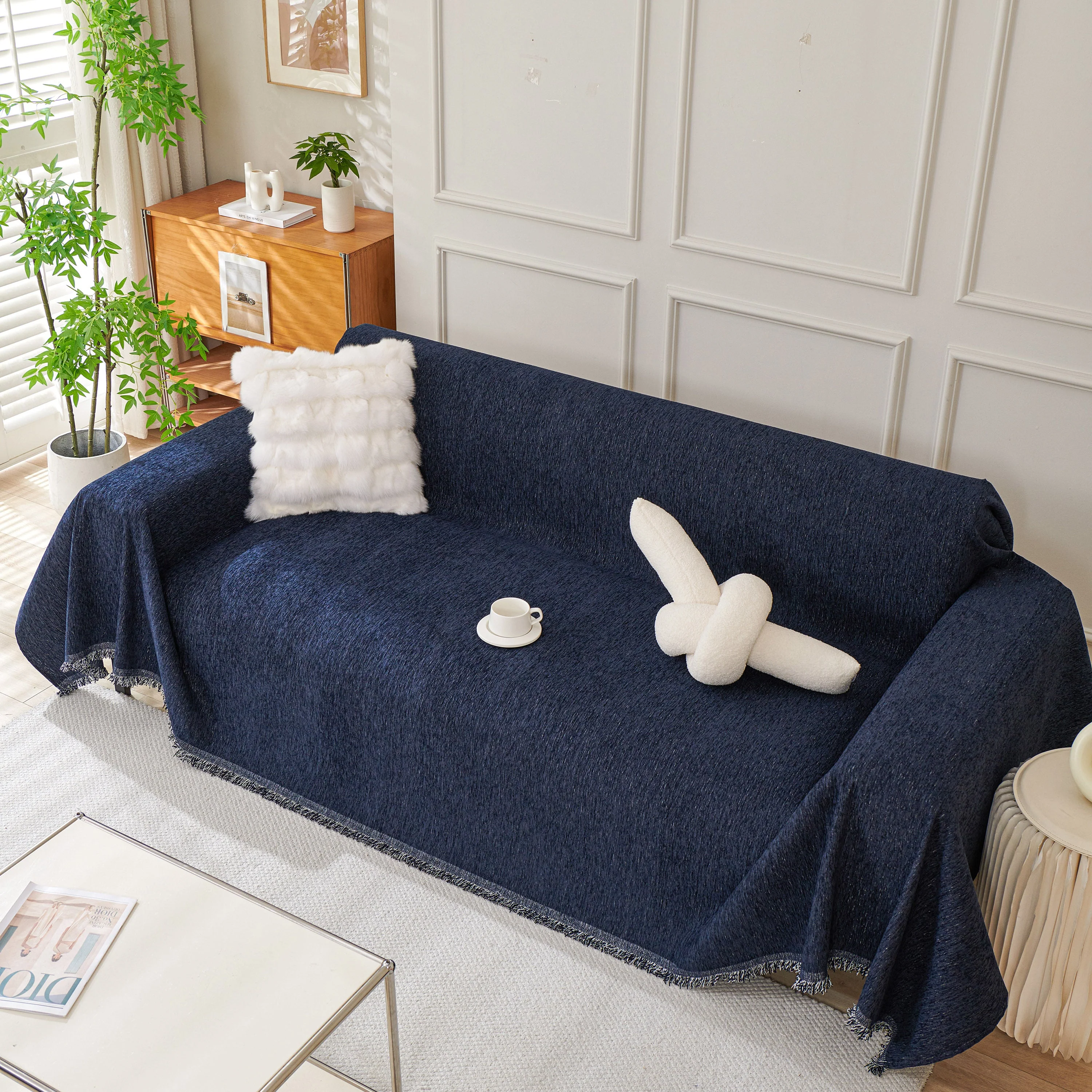 Solid Color Chenille Sofa Throw Blanket, Modern Decor Soft Couch Cover with Fringes - Image 40