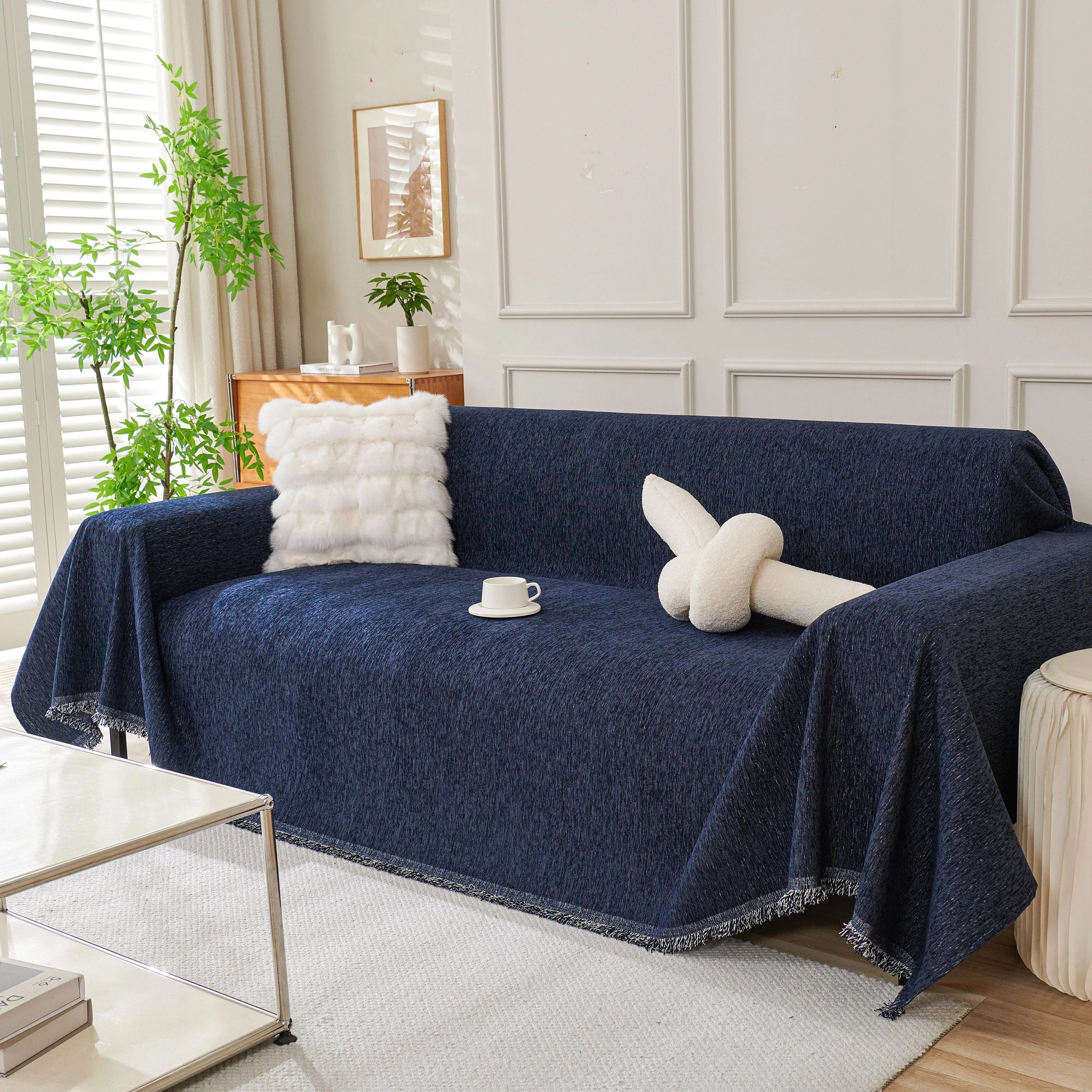 Solid Color Chenille Sofa Throw Blanket, Modern Decor Soft Couch Cover with Fringes - Image 41