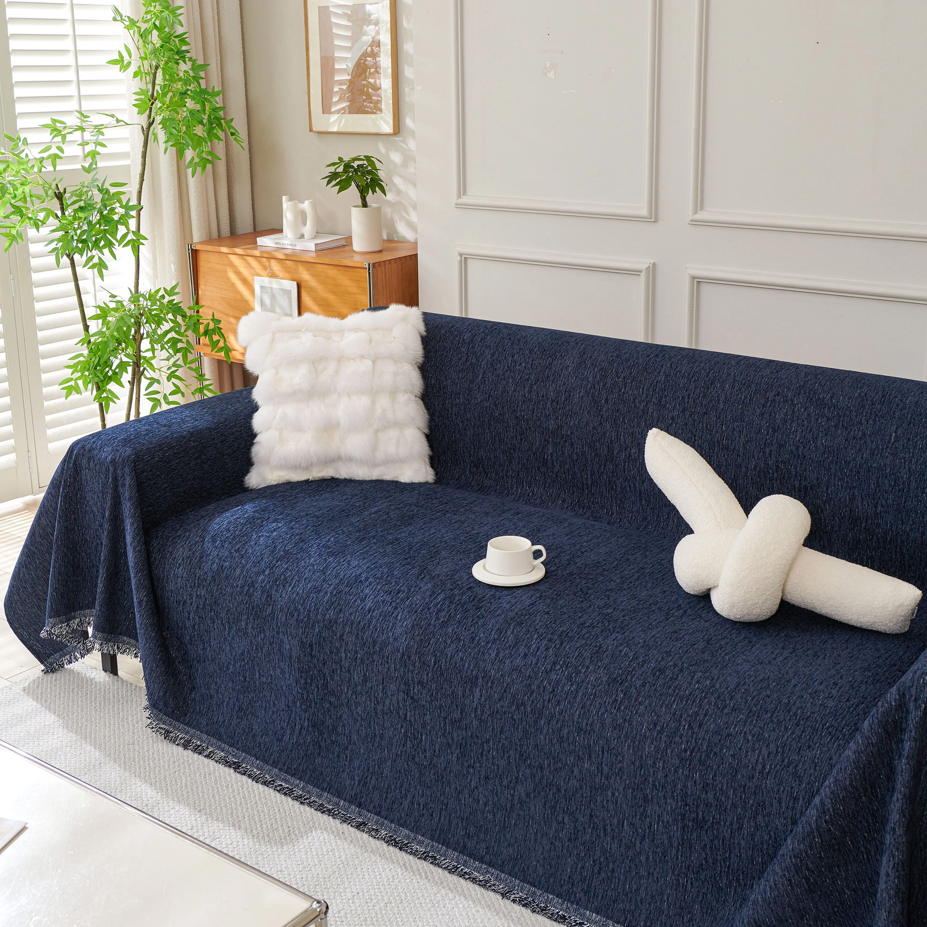 Solid Color Chenille Sofa Throw Blanket, Modern Decor Soft Couch Cover with Fringes - Image 42