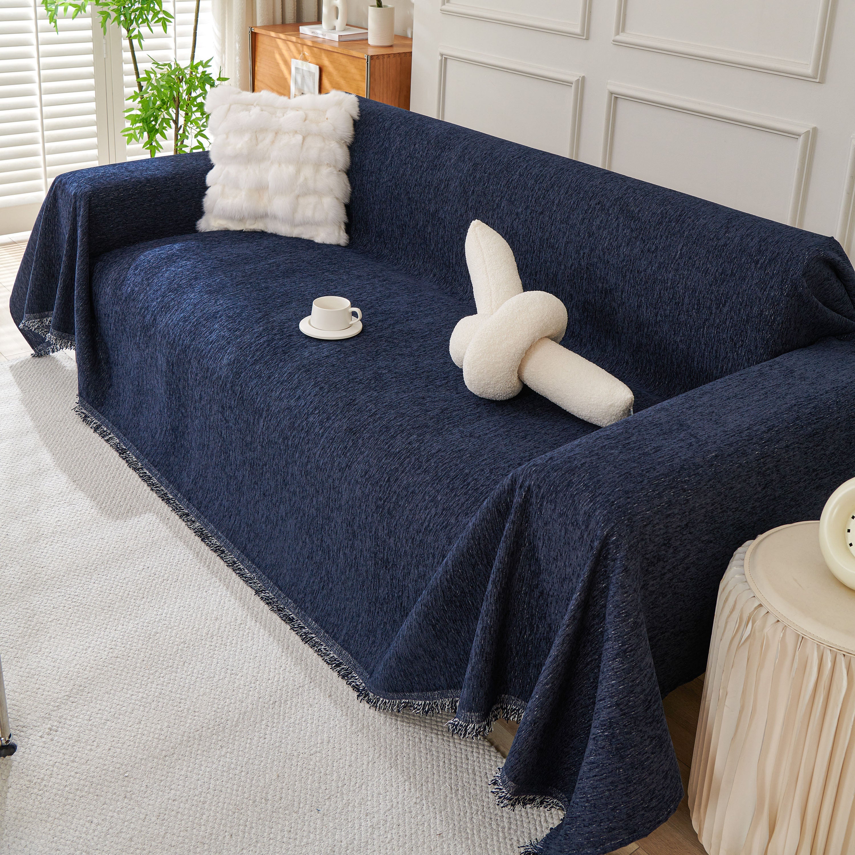 Solid Color Chenille Sofa Throw Blanket, Modern Decor Soft Couch Cover with Fringes - Image 43