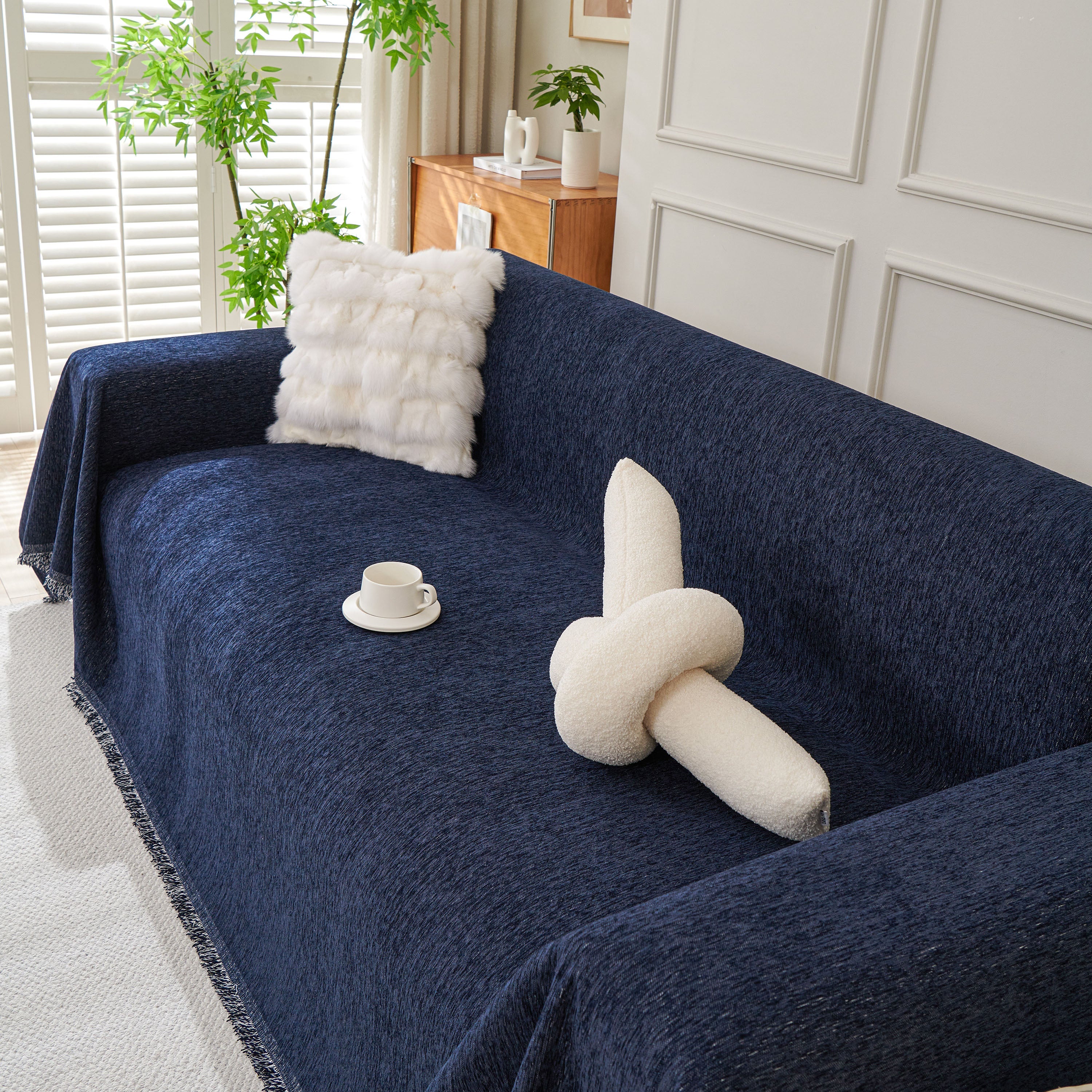 Solid Color Chenille Sofa Throw Blanket, Modern Decor Soft Couch Cover with Fringes - Image 44