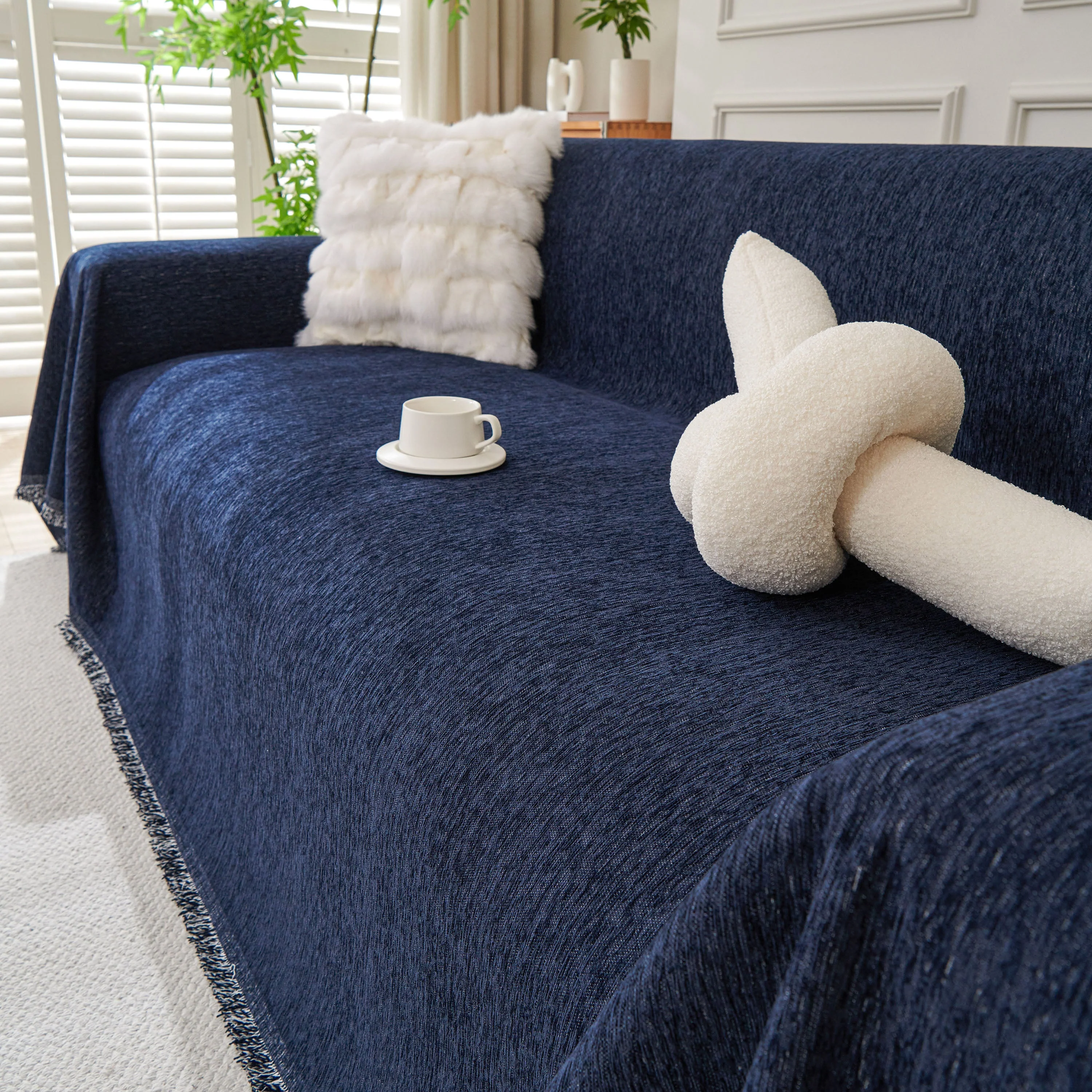 Solid Color Chenille Sofa Throw Blanket, Modern Decor Soft Couch Cover with Fringes - Image 46