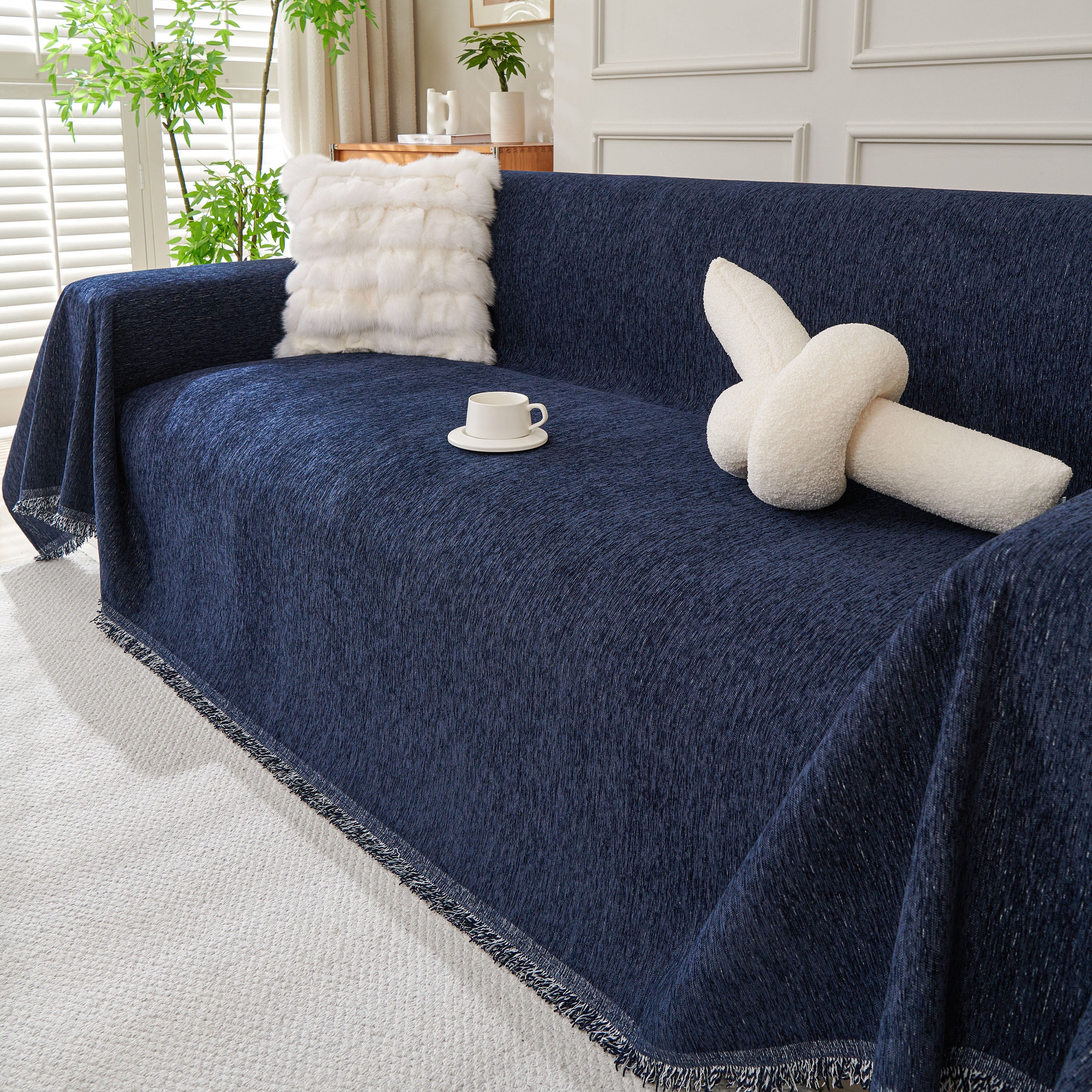 Solid Color Chenille Sofa Throw Blanket, Modern Decor Soft Couch Cover with Fringes - Image 47
