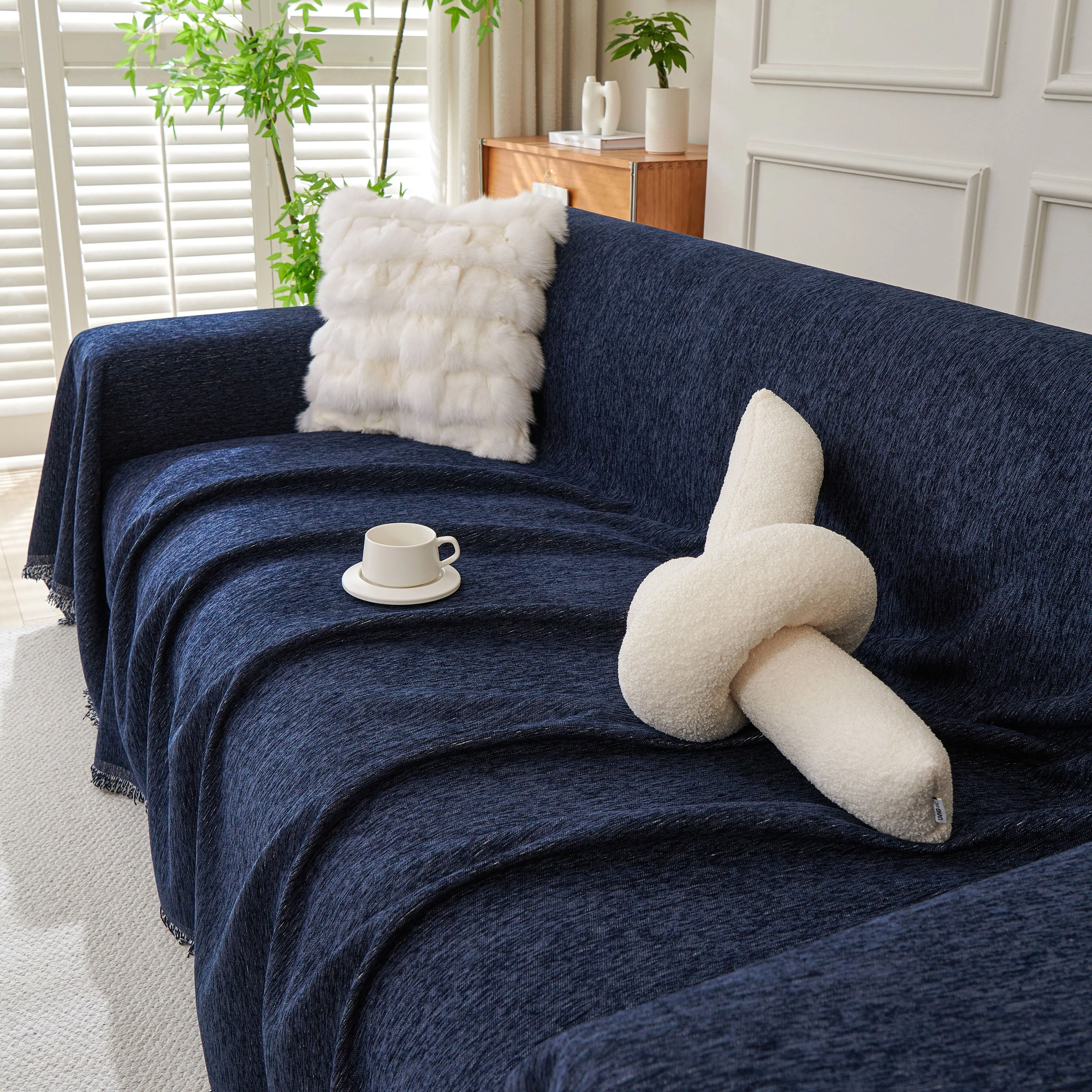 Solid Color Chenille Sofa Throw Blanket, Modern Decor Soft Couch Cover with Fringes - Image 48