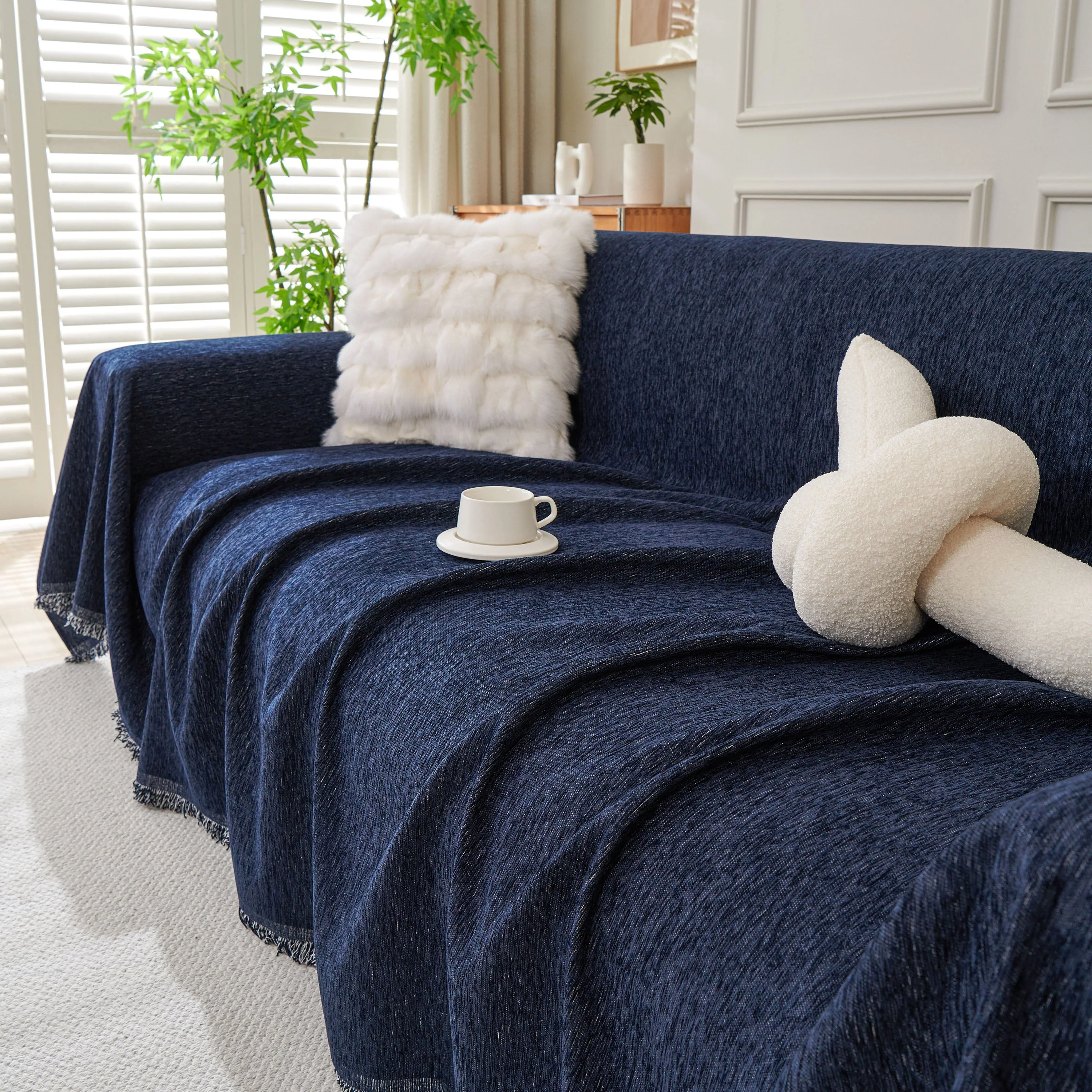 Solid Color Chenille Sofa Throw Blanket, Modern Decor Soft Couch Cover with Fringes - Image 49