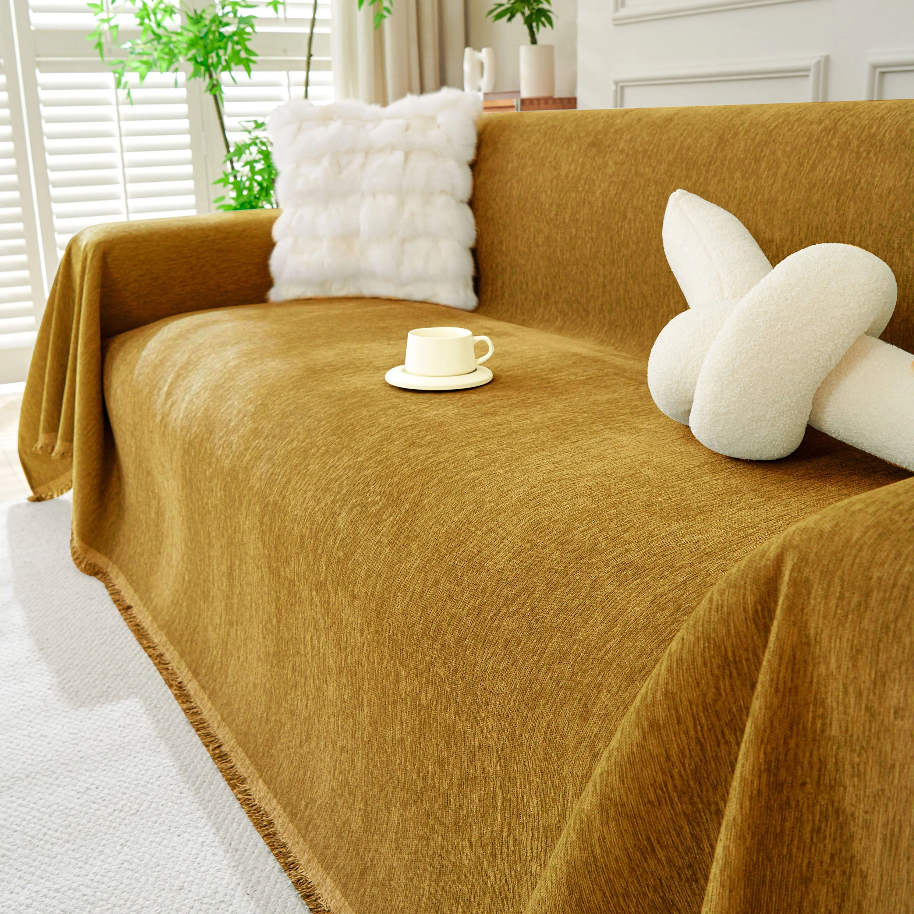 Solid Color Chenille Sofa Throw Blanket, Modern Decor Soft Couch Cover with Fringes - Image 5