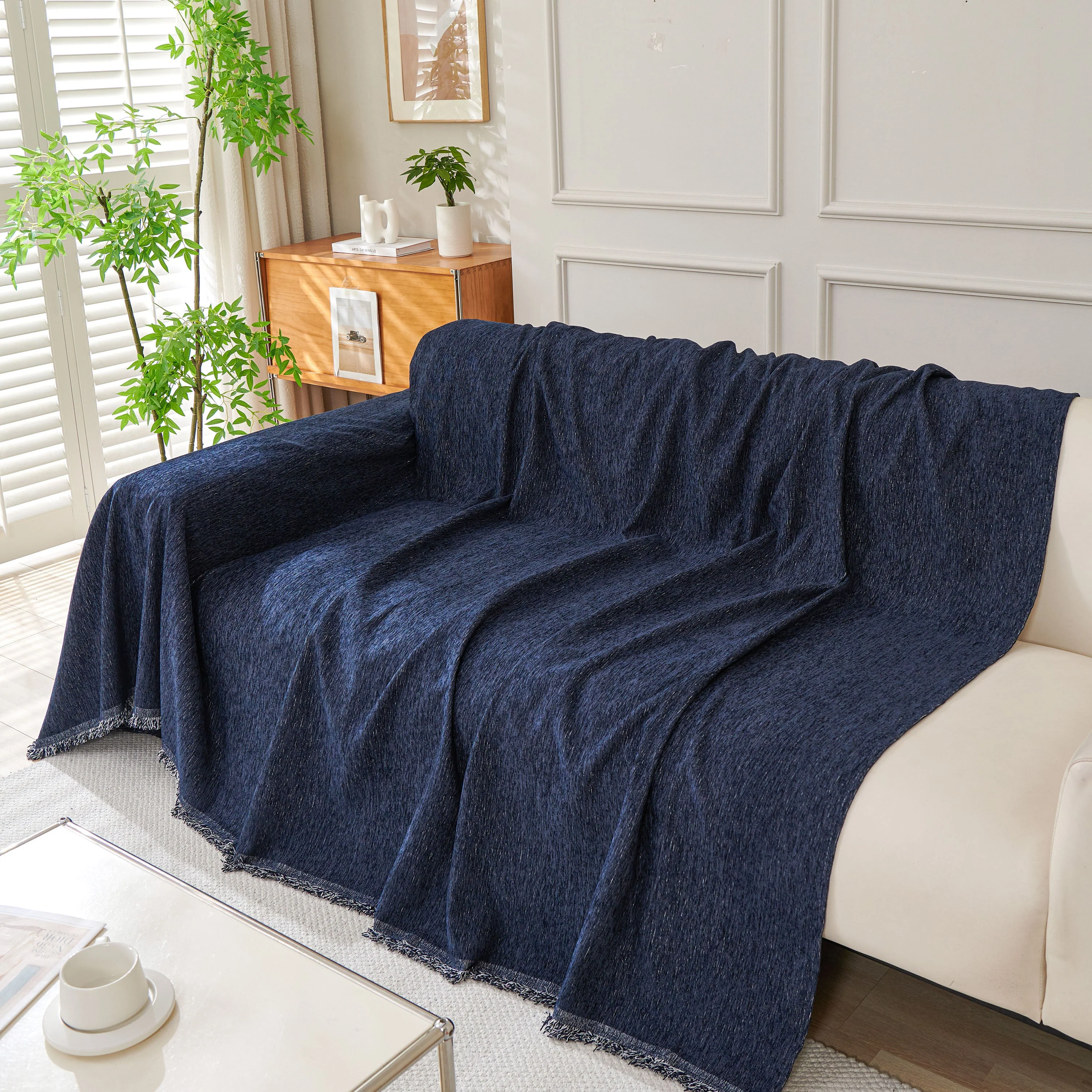 Solid Color Chenille Sofa Throw Blanket, Modern Decor Soft Couch Cover with Fringes - Image 54