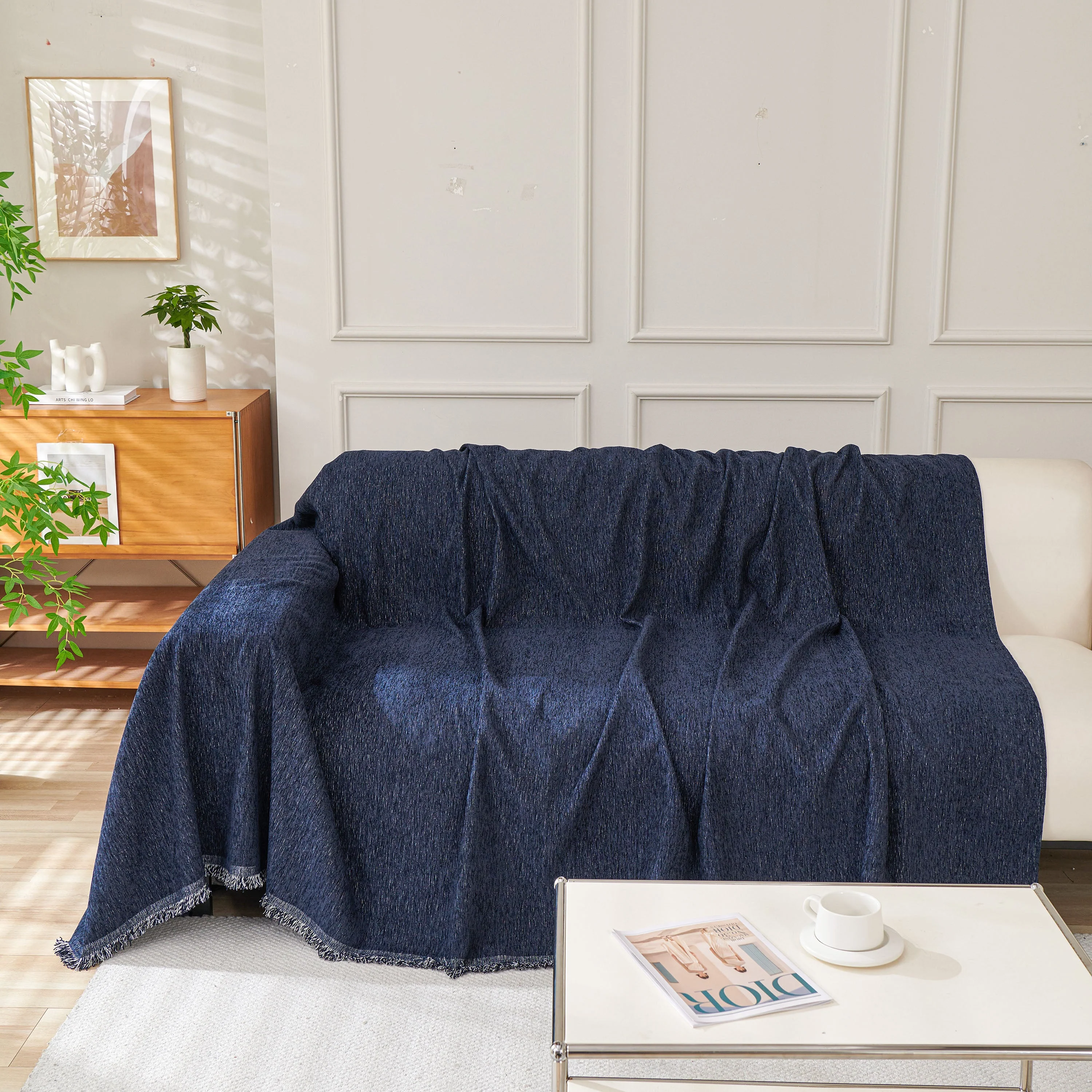 Solid Color Chenille Sofa Throw Blanket, Modern Decor Soft Couch Cover with Fringes - Image 55