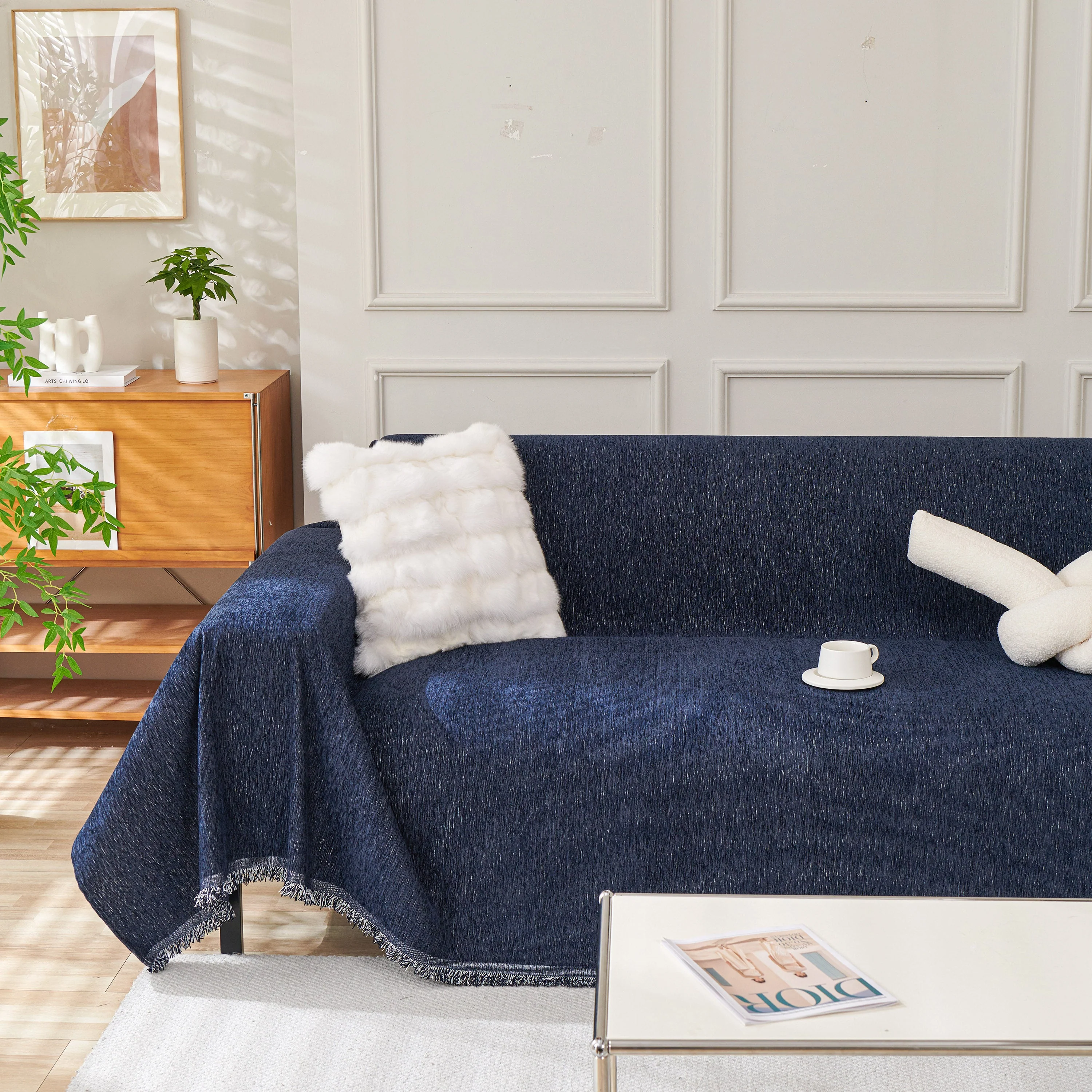 Solid Color Chenille Sofa Throw Blanket, Modern Decor Soft Couch Cover with Fringes - Image 56