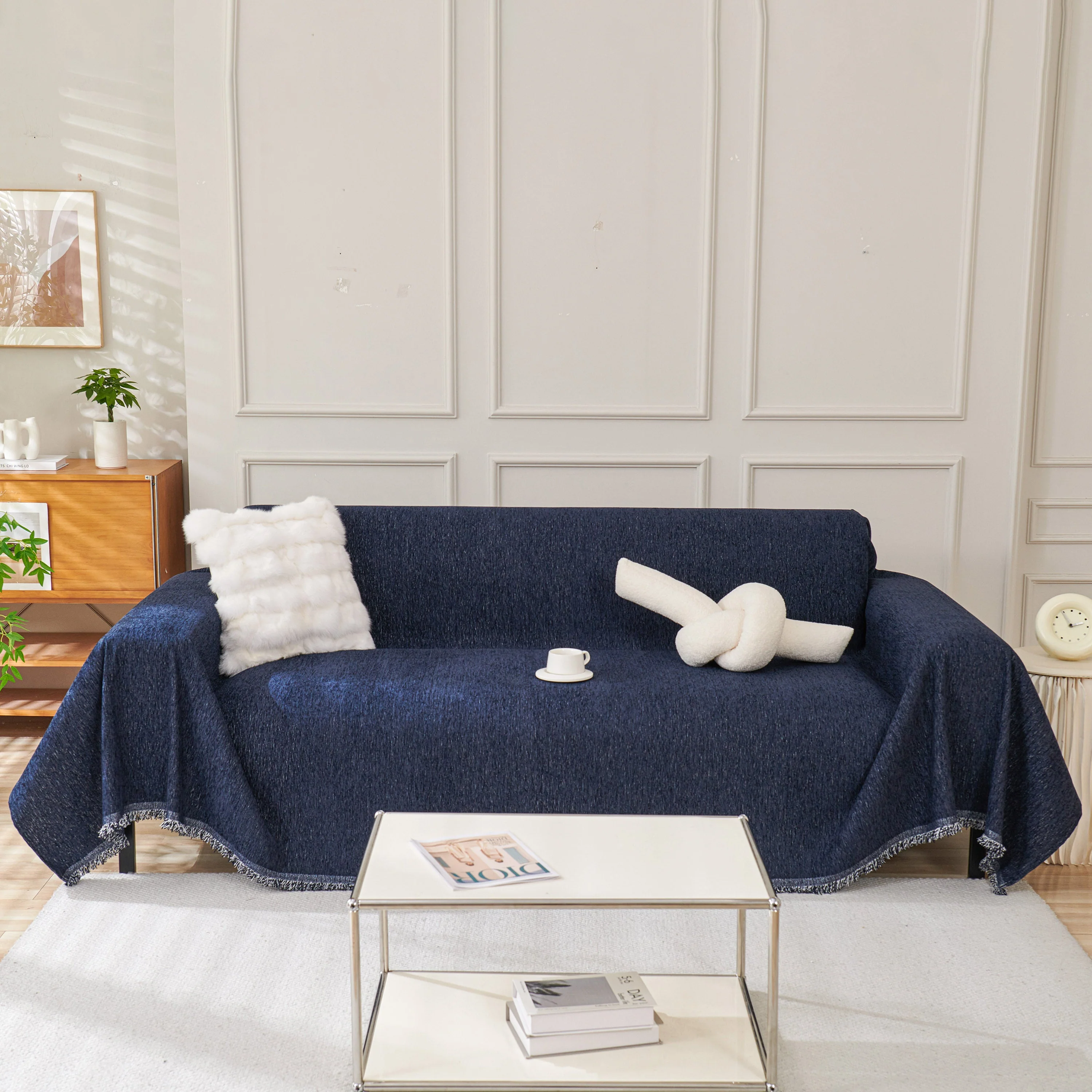 Solid Color Chenille Sofa Throw Blanket, Modern Decor Soft Couch Cover with Fringes - Image 57