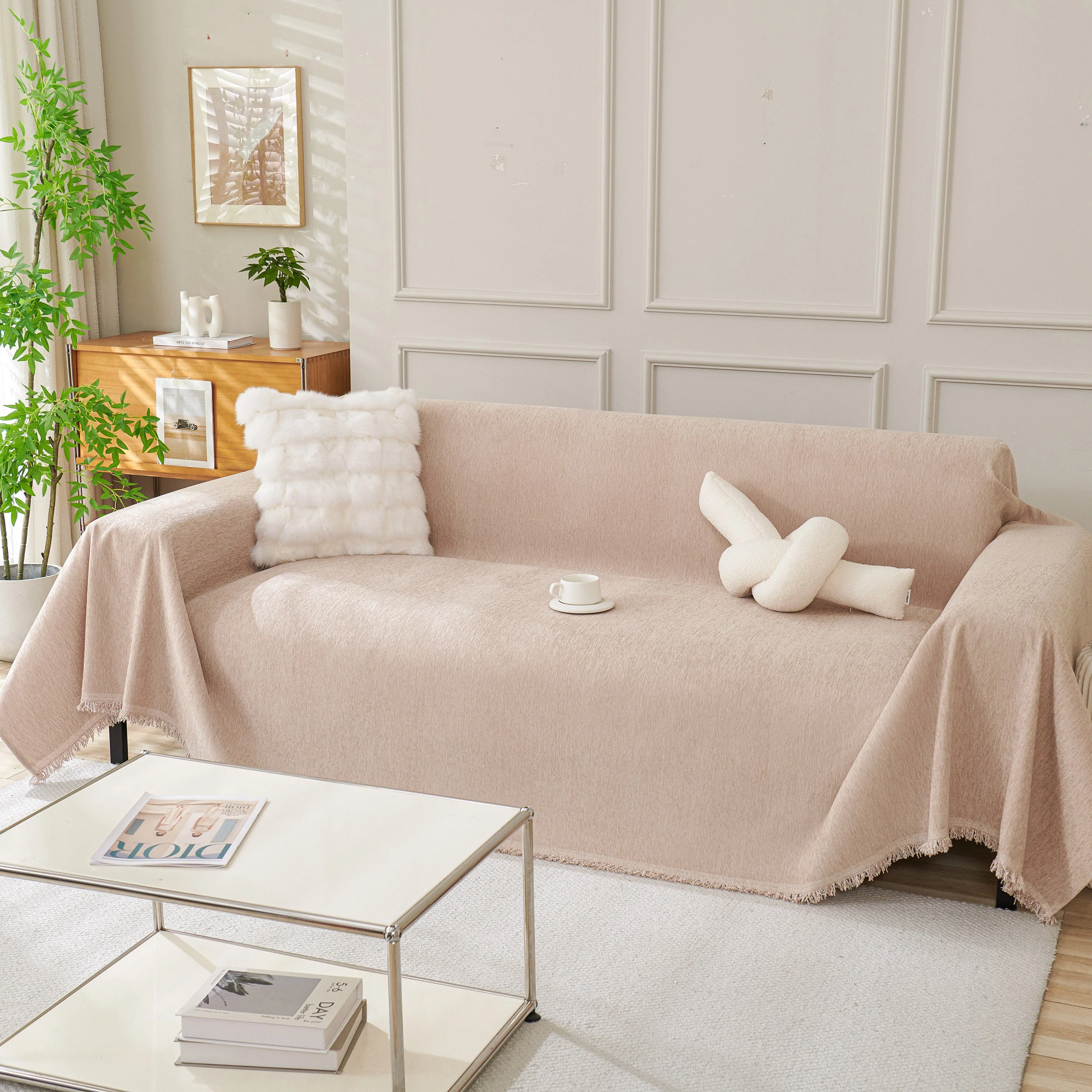 Solid Color Chenille Sofa Throw Blanket, Modern Decor Soft Couch Cover with Fringes - Image 59