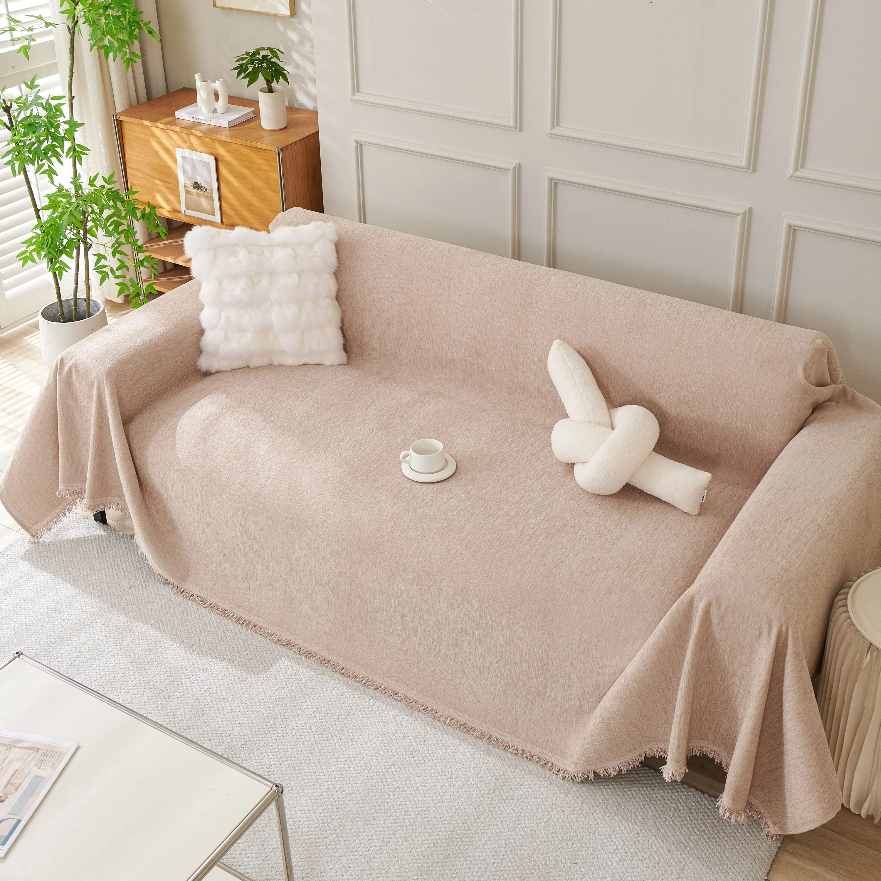 Solid Color Chenille Sofa Throw Blanket, Modern Decor Soft Couch Cover with Fringes - Image 60
