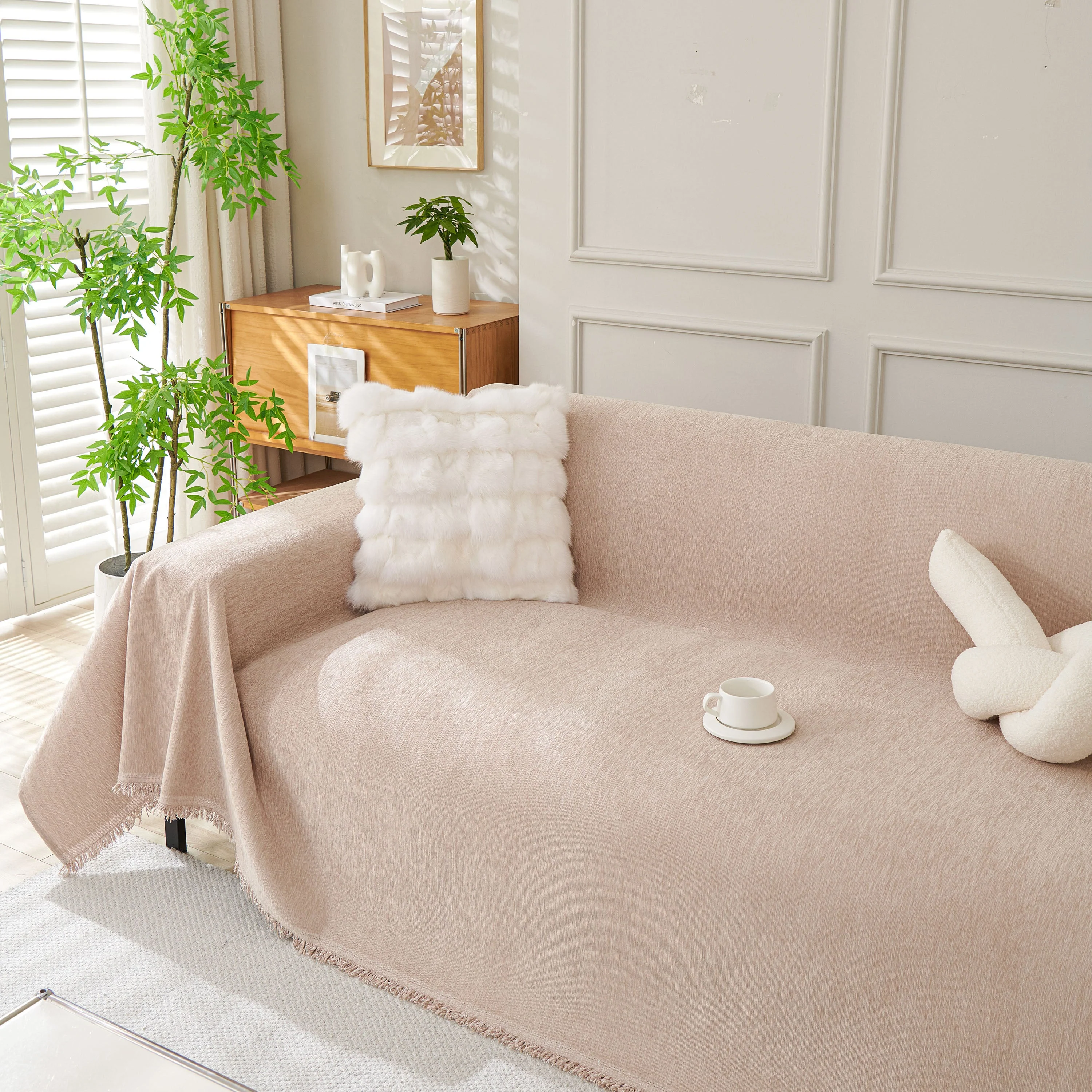 Solid Color Chenille Sofa Throw Blanket, Modern Decor Soft Couch Cover with Fringes - Image 61