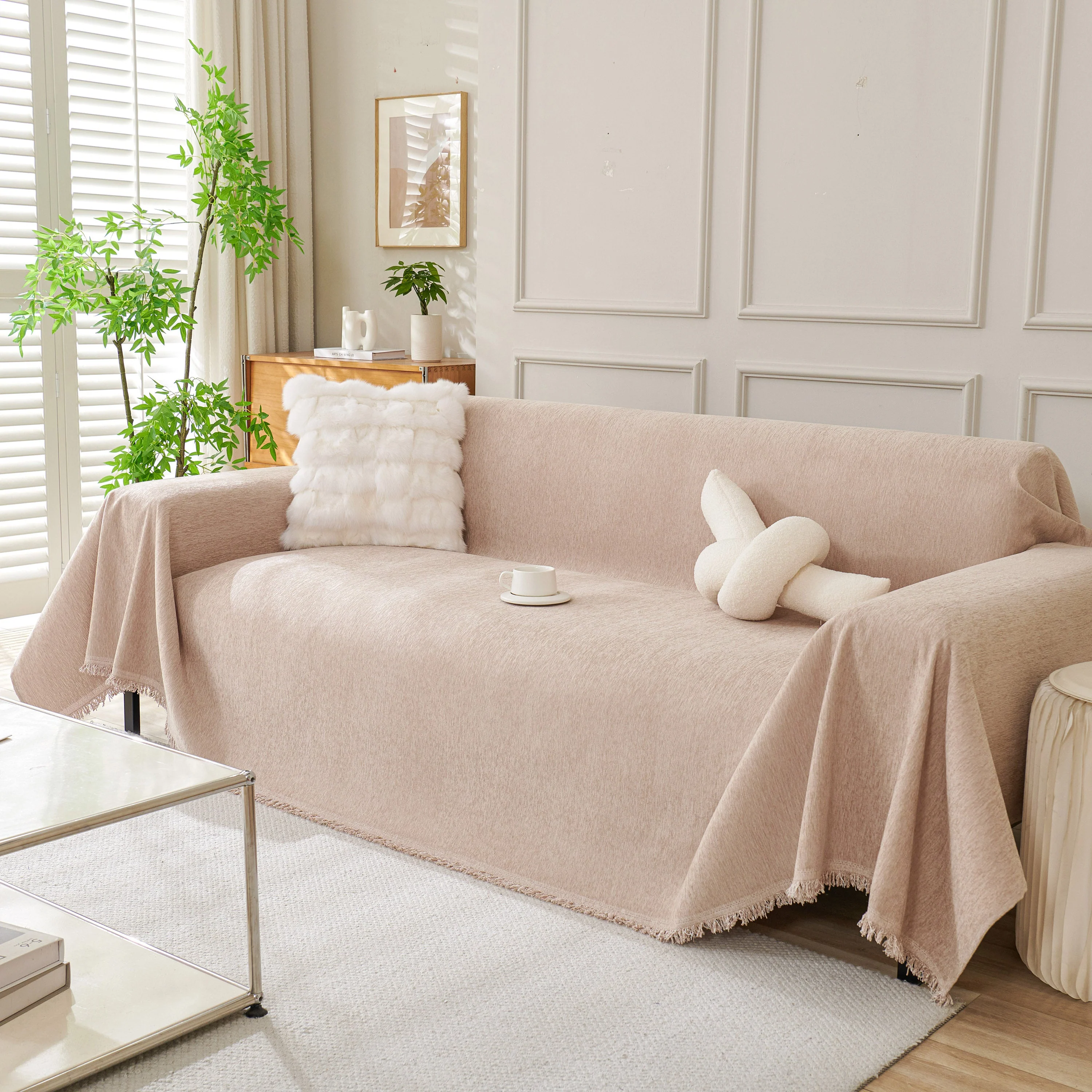 Solid Color Chenille Sofa Throw Blanket, Modern Decor Soft Couch Cover with Fringes - Image 62