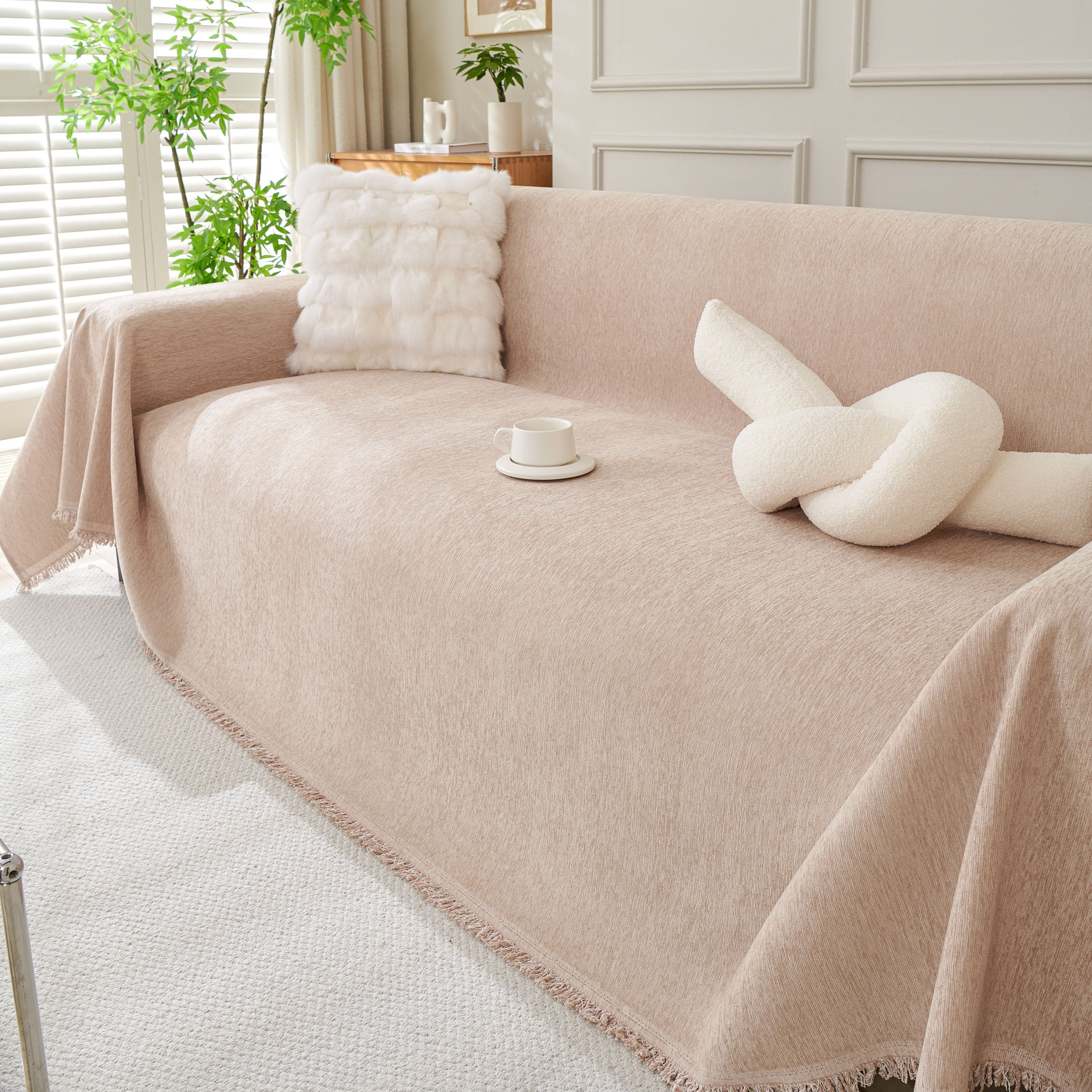 Solid Color Chenille Sofa Throw Blanket, Modern Decor Soft Couch Cover with Fringes - Image 67