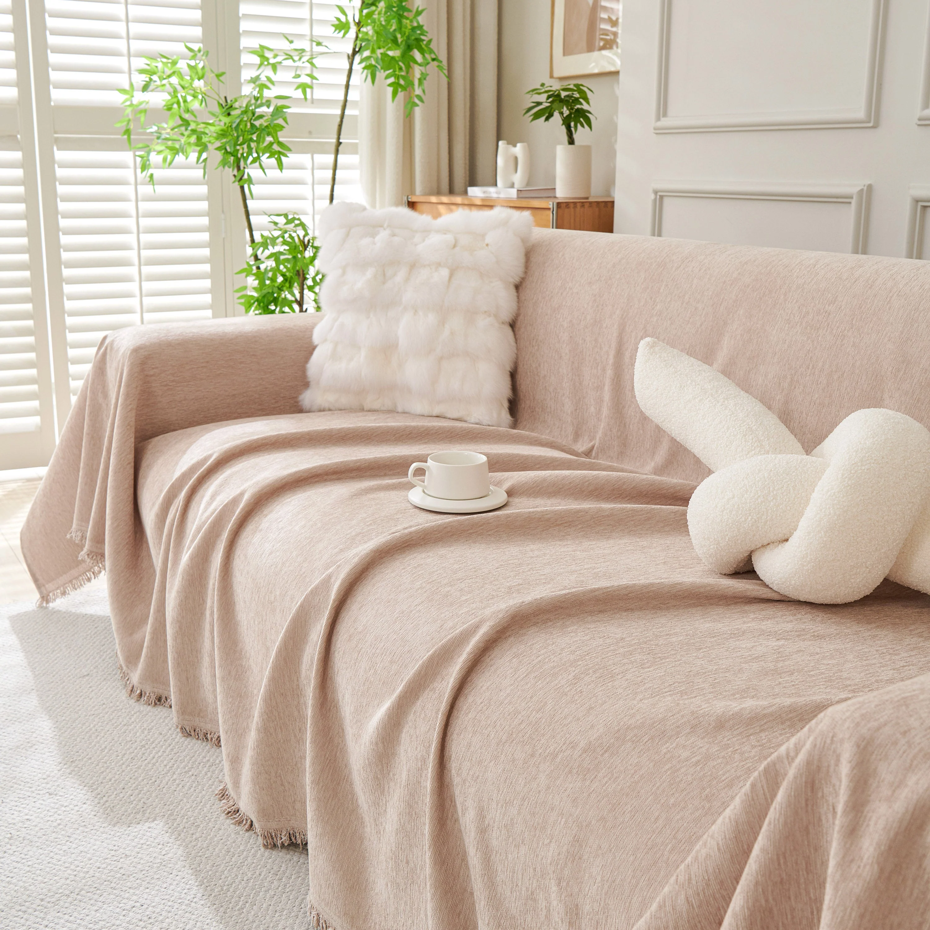 Solid Color Chenille Sofa Throw Blanket, Modern Decor Soft Couch Cover with Fringes - Image 70