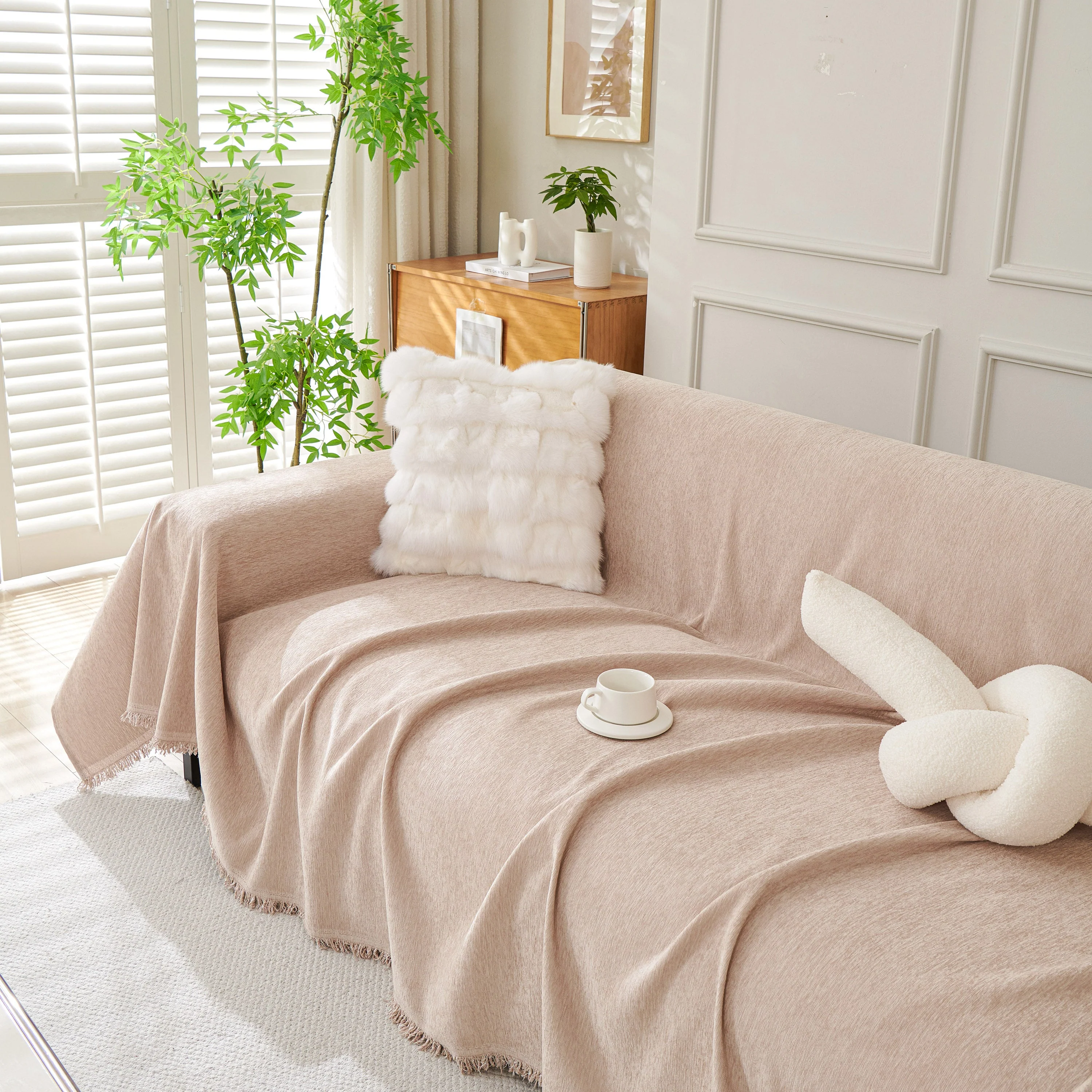 Solid Color Chenille Sofa Throw Blanket, Modern Decor Soft Couch Cover with Fringes - Image 71