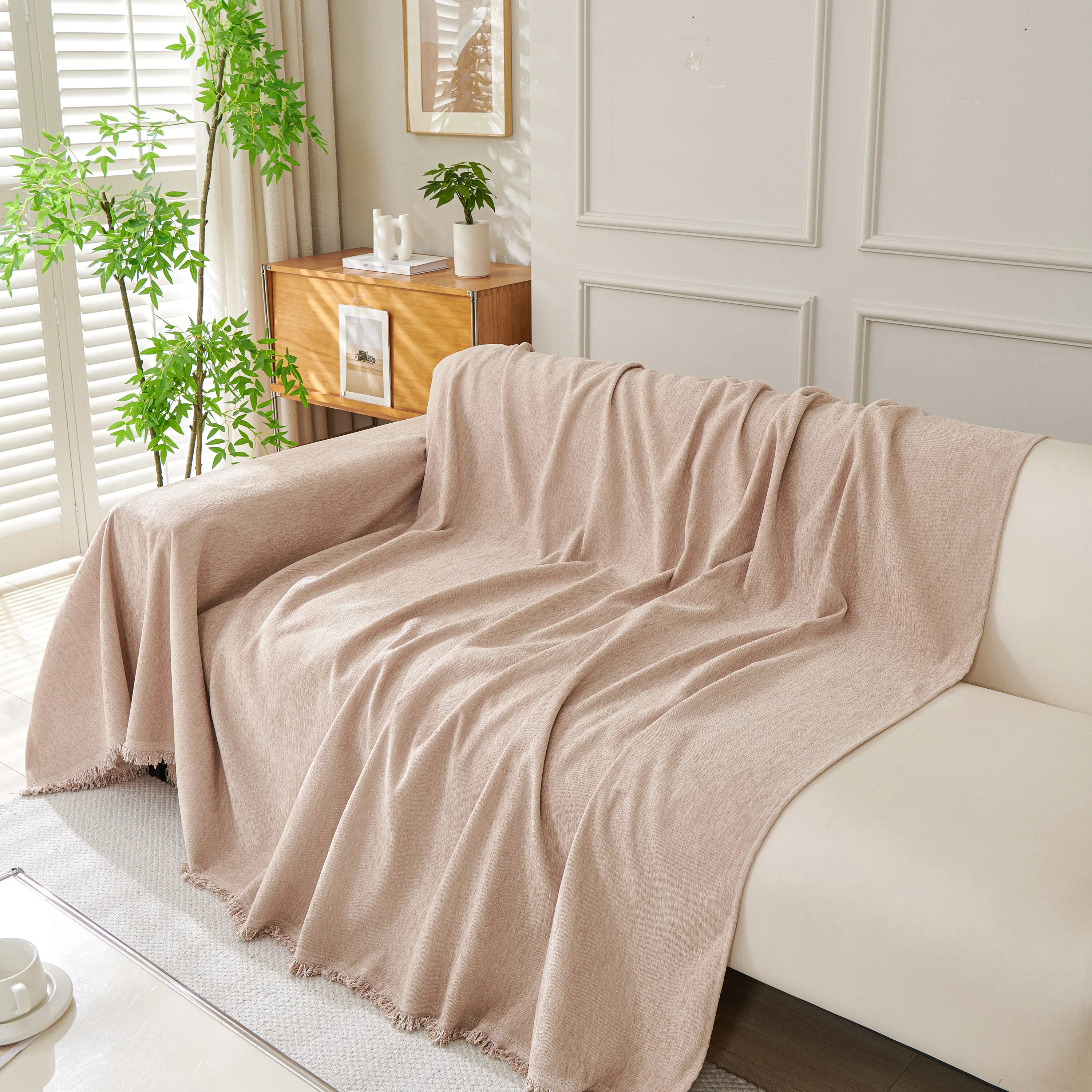 Solid Color Chenille Sofa Throw Blanket, Modern Decor Soft Couch Cover with Fringes - Image 76