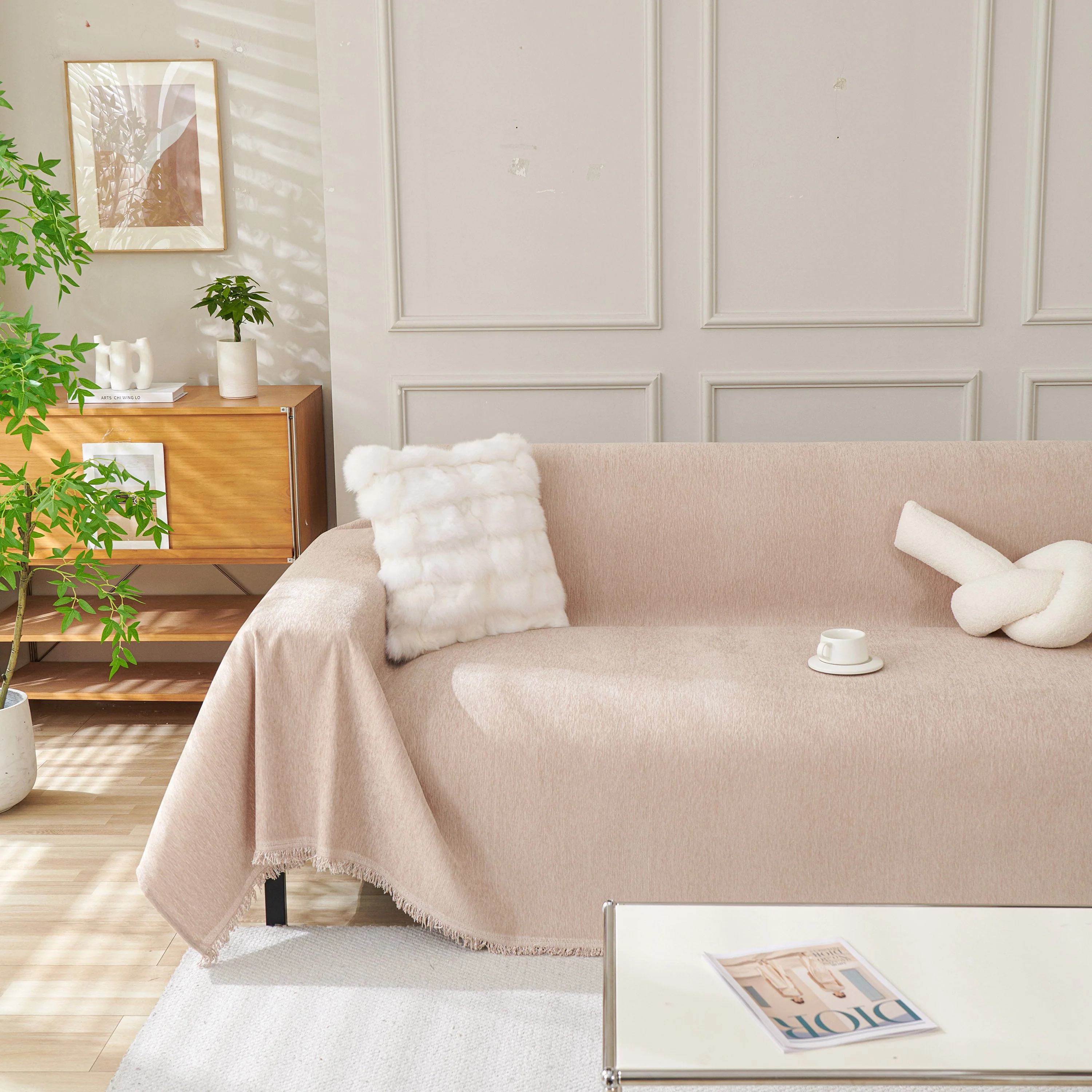 Solid Color Chenille Sofa Throw Blanket, Modern Decor Soft Couch Cover with Fringes - Image 78