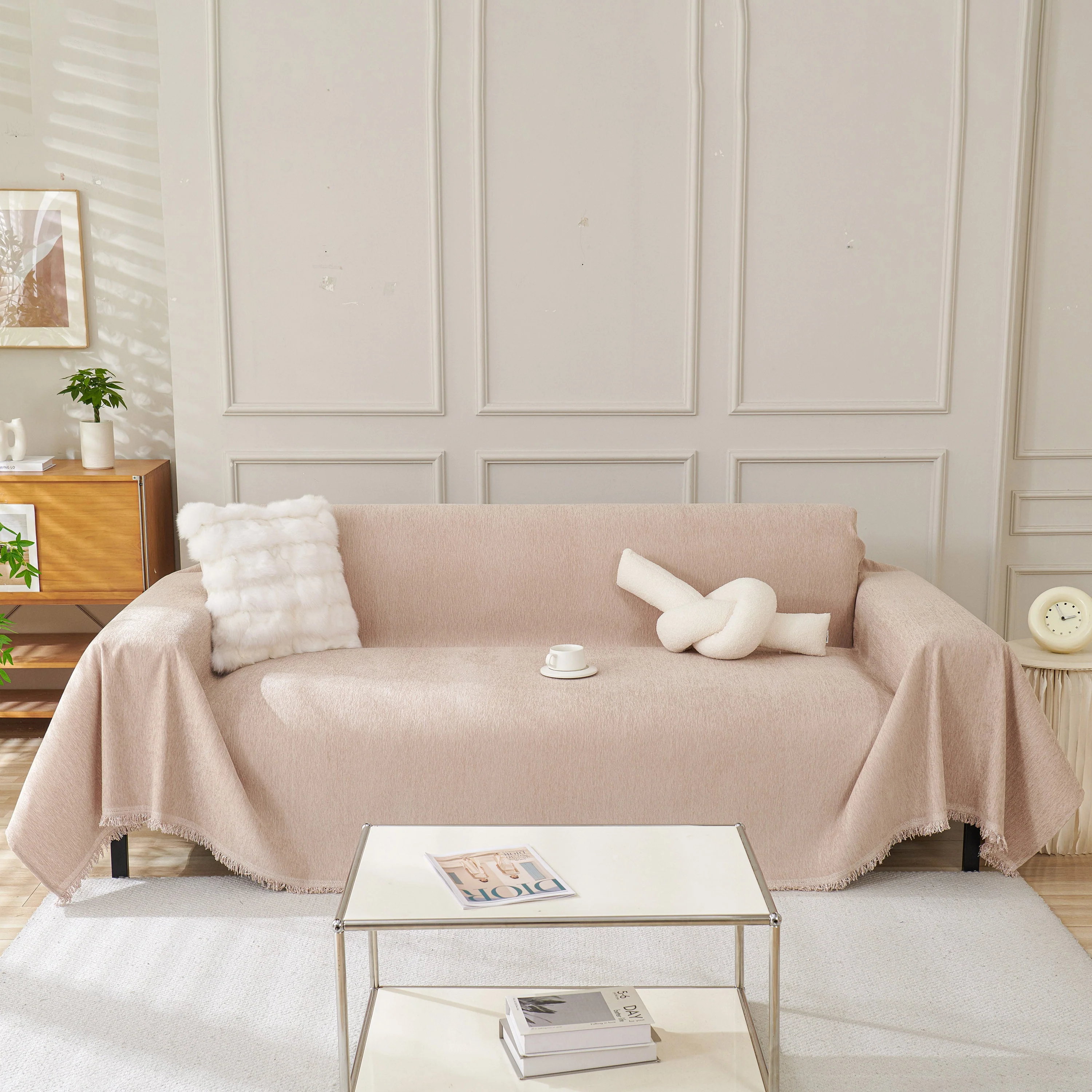 Solid Color Chenille Sofa Throw Blanket, Modern Decor Soft Couch Cover with Fringes - Image 79