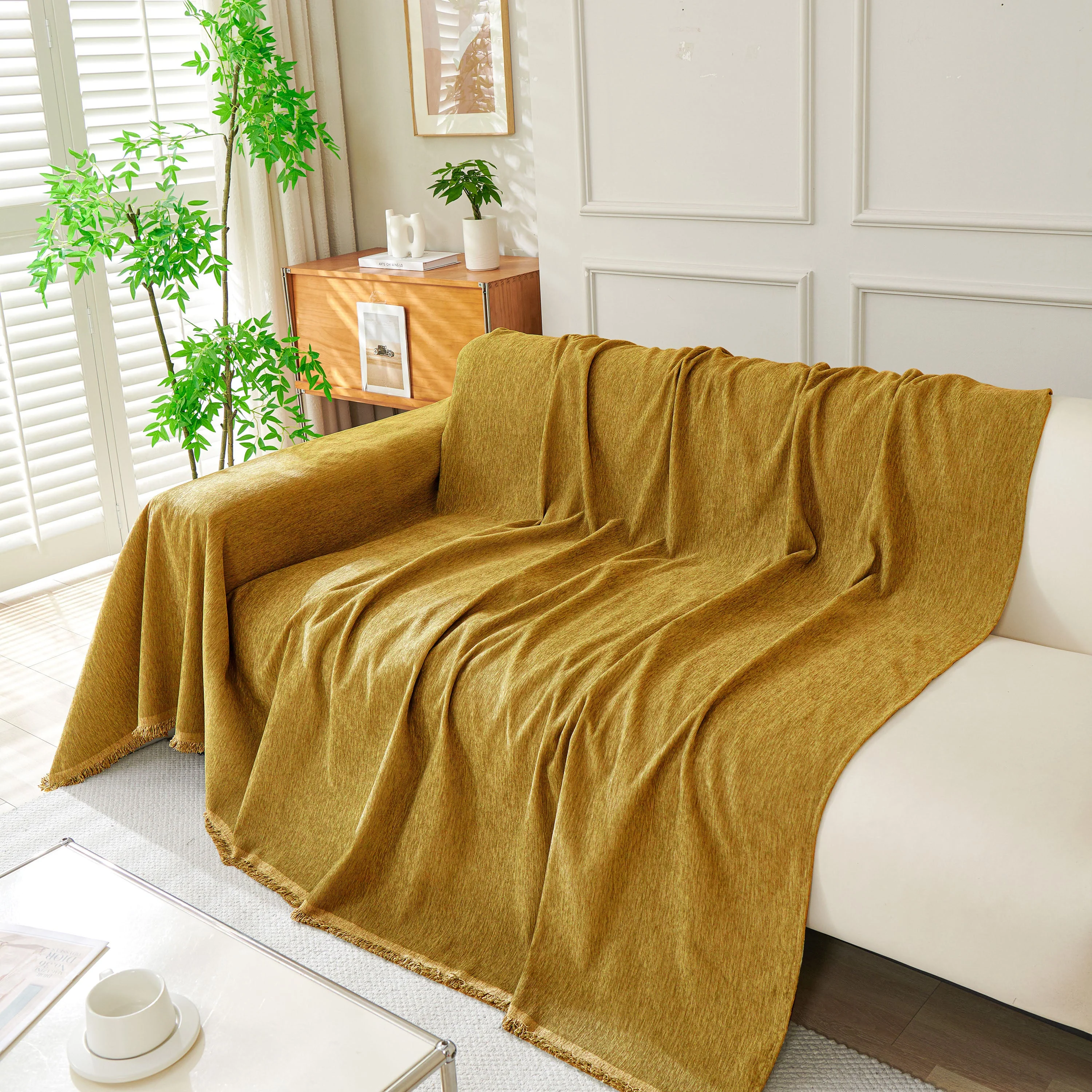 Solid Color Chenille Sofa Throw Blanket, Modern Decor Soft Couch Cover with Fringes - Image 8