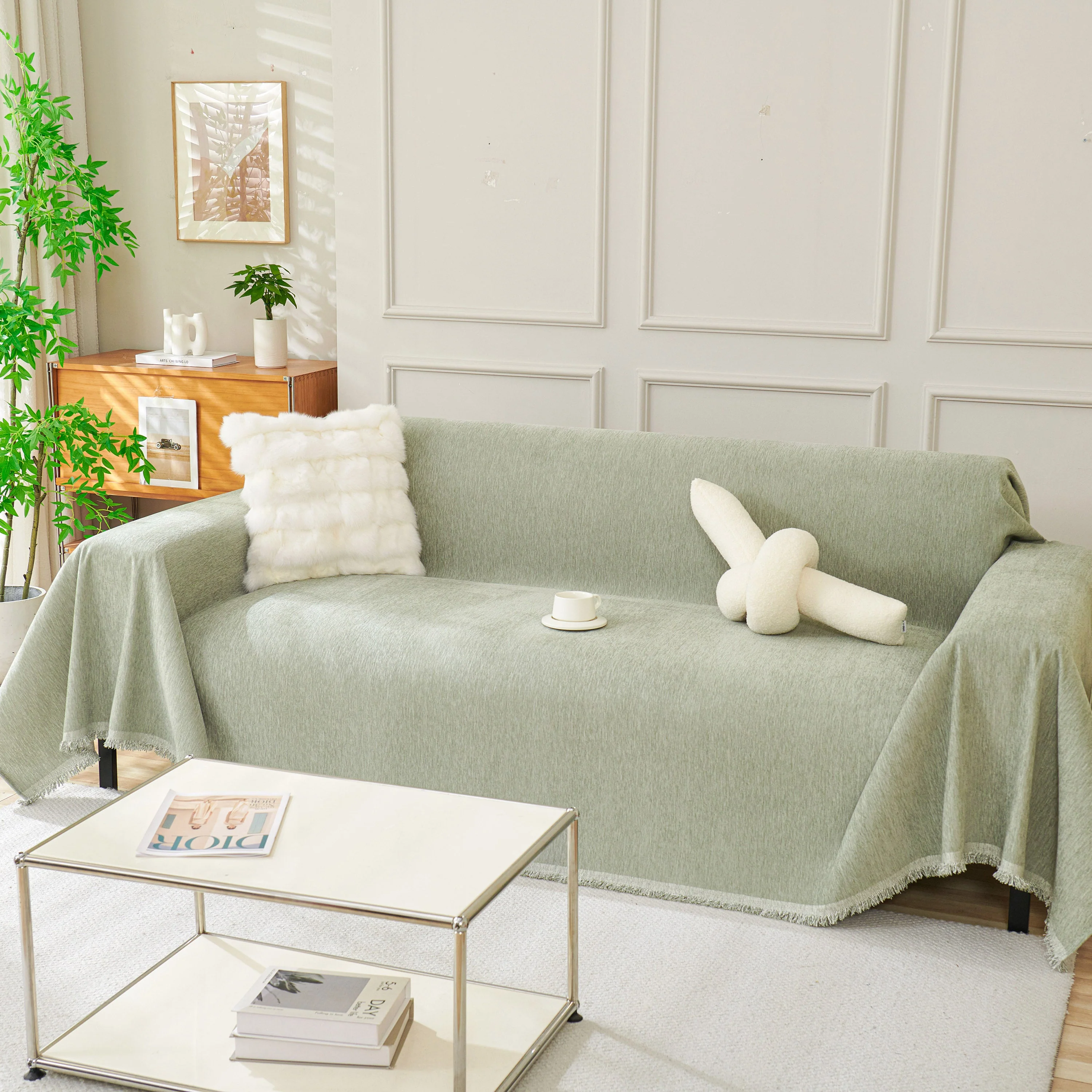 Solid Color Chenille Sofa Throw Blanket, Modern Decor Soft Couch Cover with Fringes - Image 81