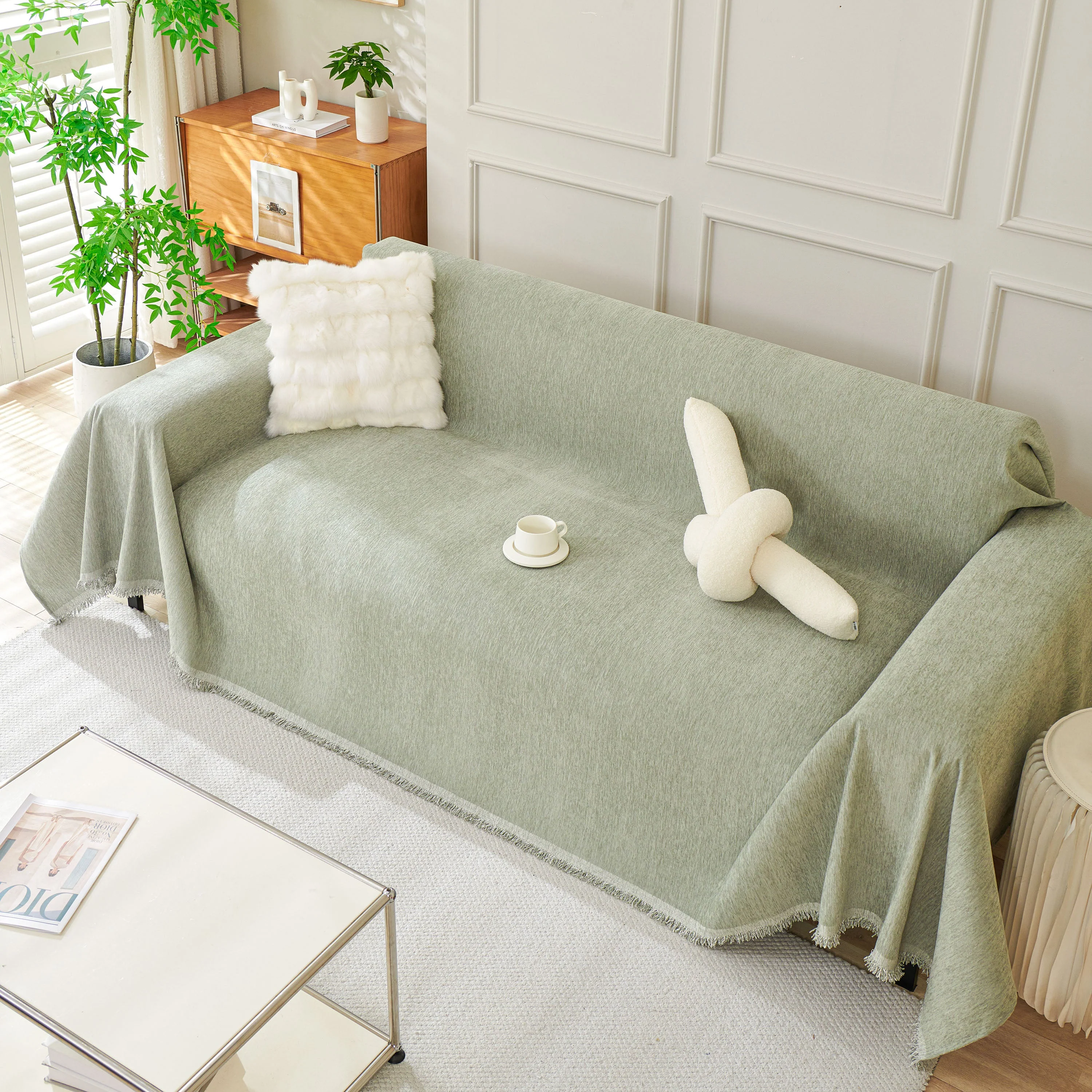 Solid Color Chenille Sofa Throw Blanket, Modern Decor Soft Couch Cover with Fringes - Image 82
