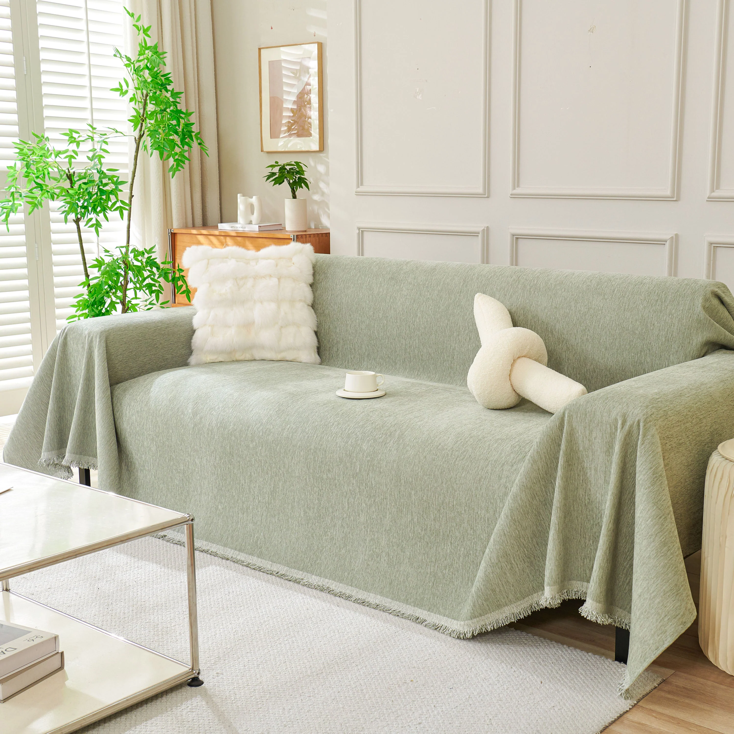 Solid Color Chenille Sofa Throw Blanket, Modern Decor Soft Couch Cover with Fringes - Image 83