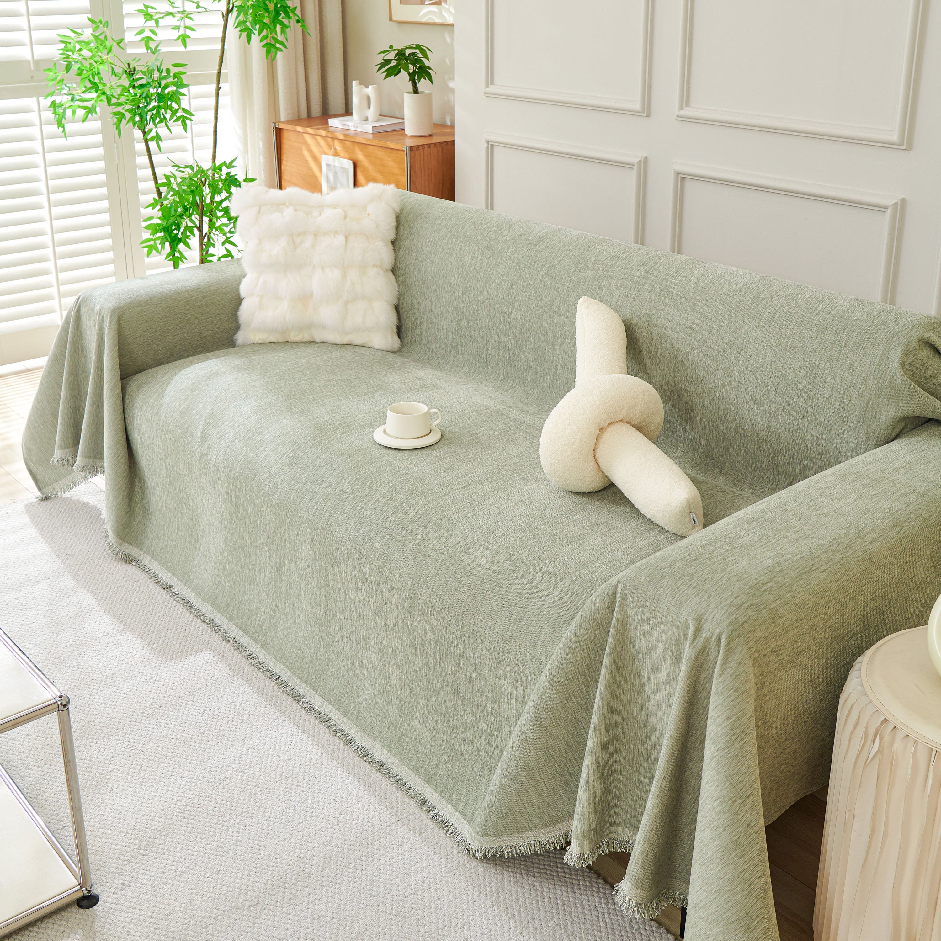 Solid Color Chenille Sofa Throw Blanket, Modern Decor Soft Couch Cover with Fringes - Image 84