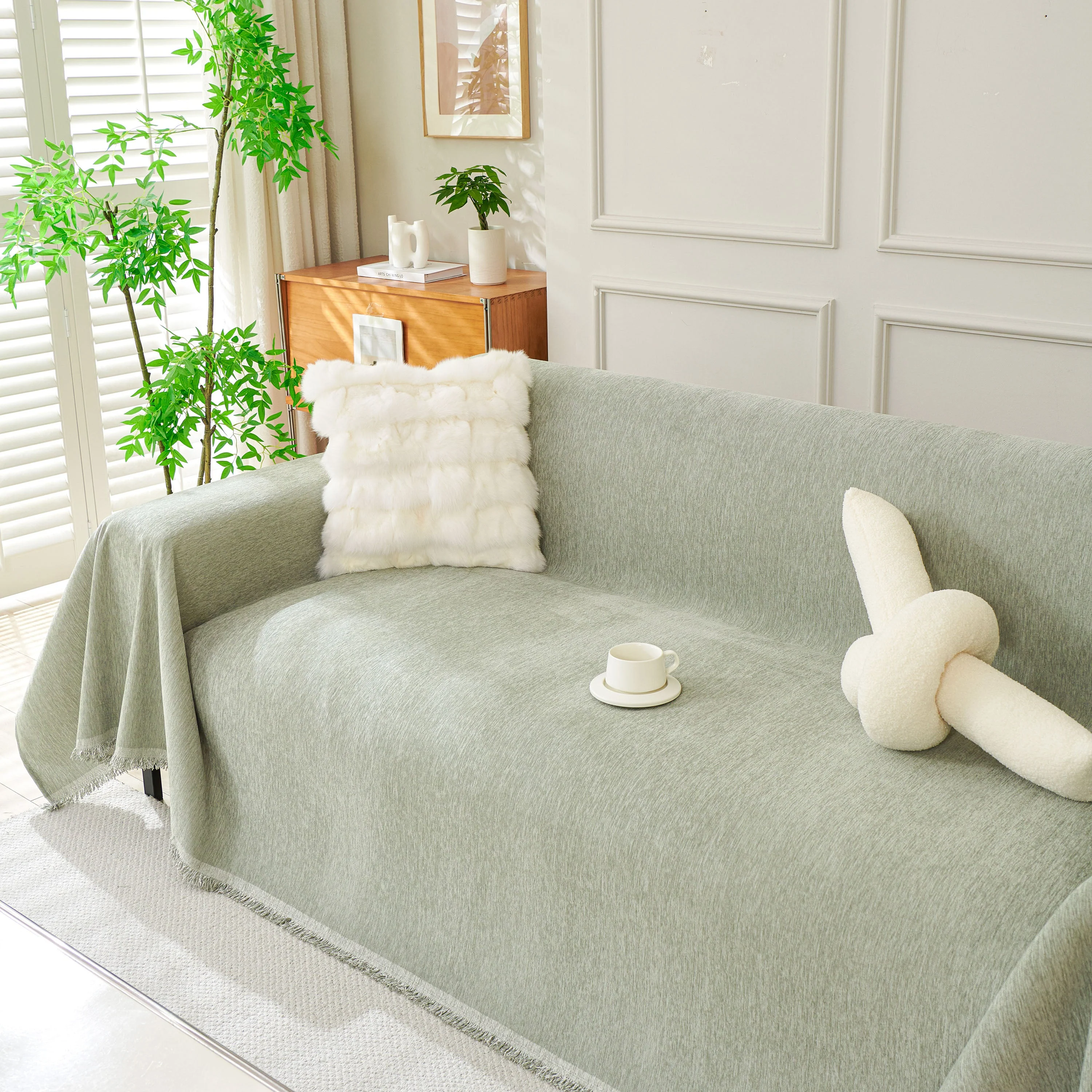 Solid Color Chenille Sofa Throw Blanket, Modern Decor Soft Couch Cover with Fringes - Image 85