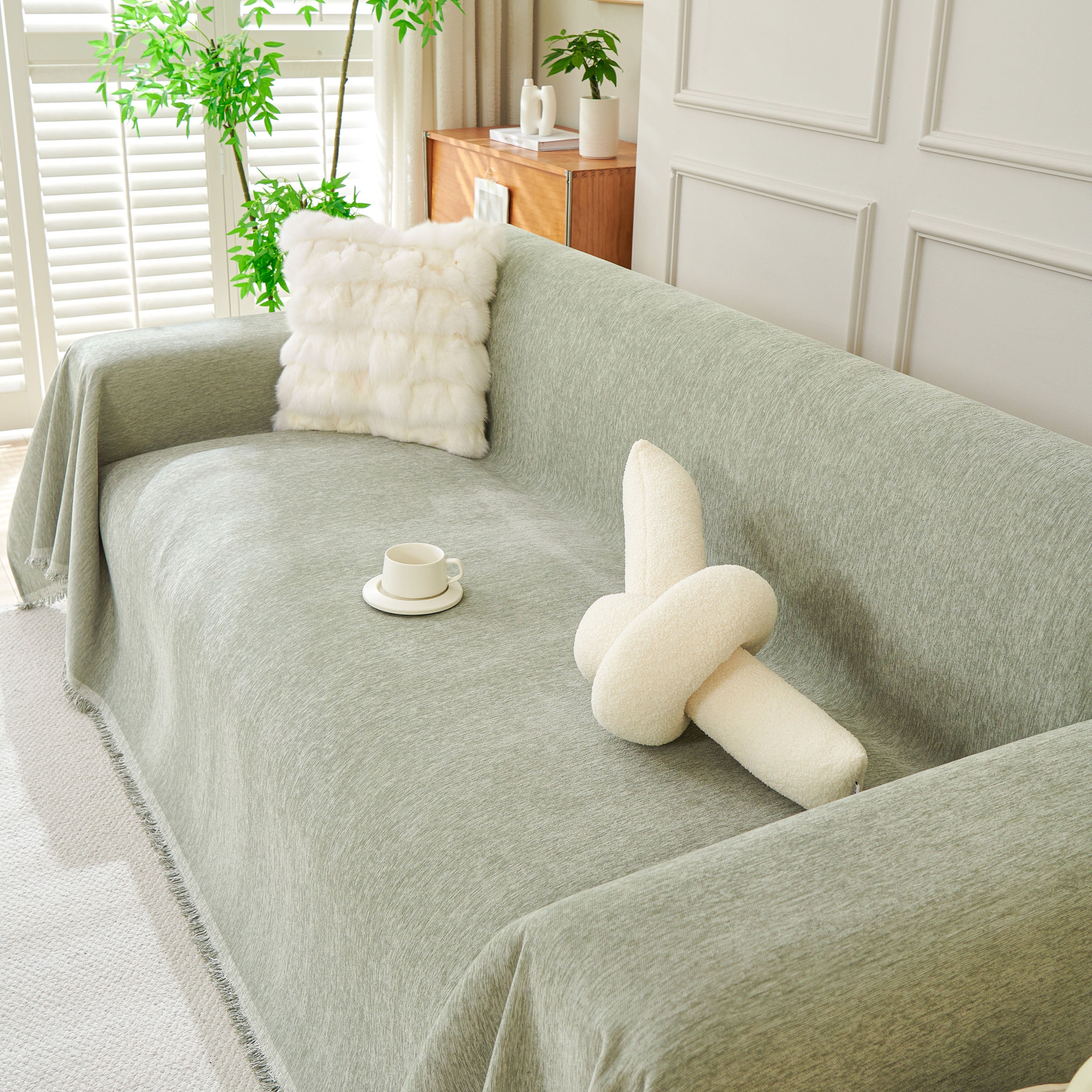 Solid Color Chenille Sofa Throw Blanket, Modern Decor Soft Couch Cover with Fringes - Image 86