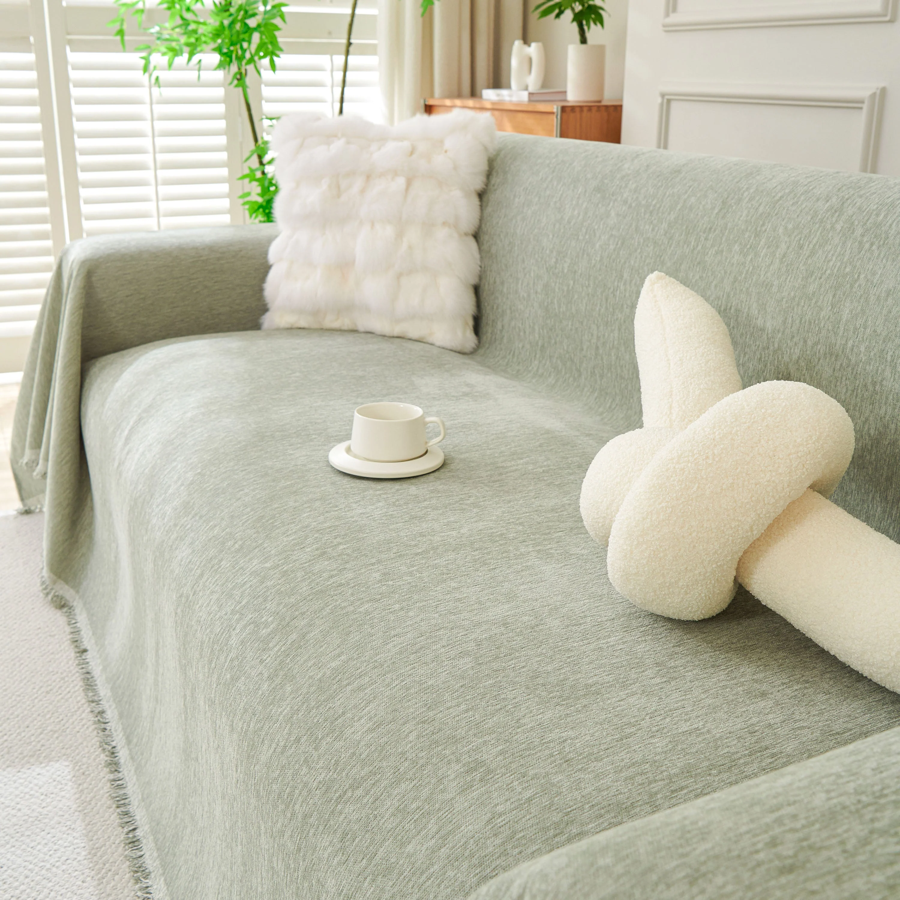 Solid Color Chenille Sofa Throw Blanket, Modern Decor Soft Couch Cover with Fringes - Image 88