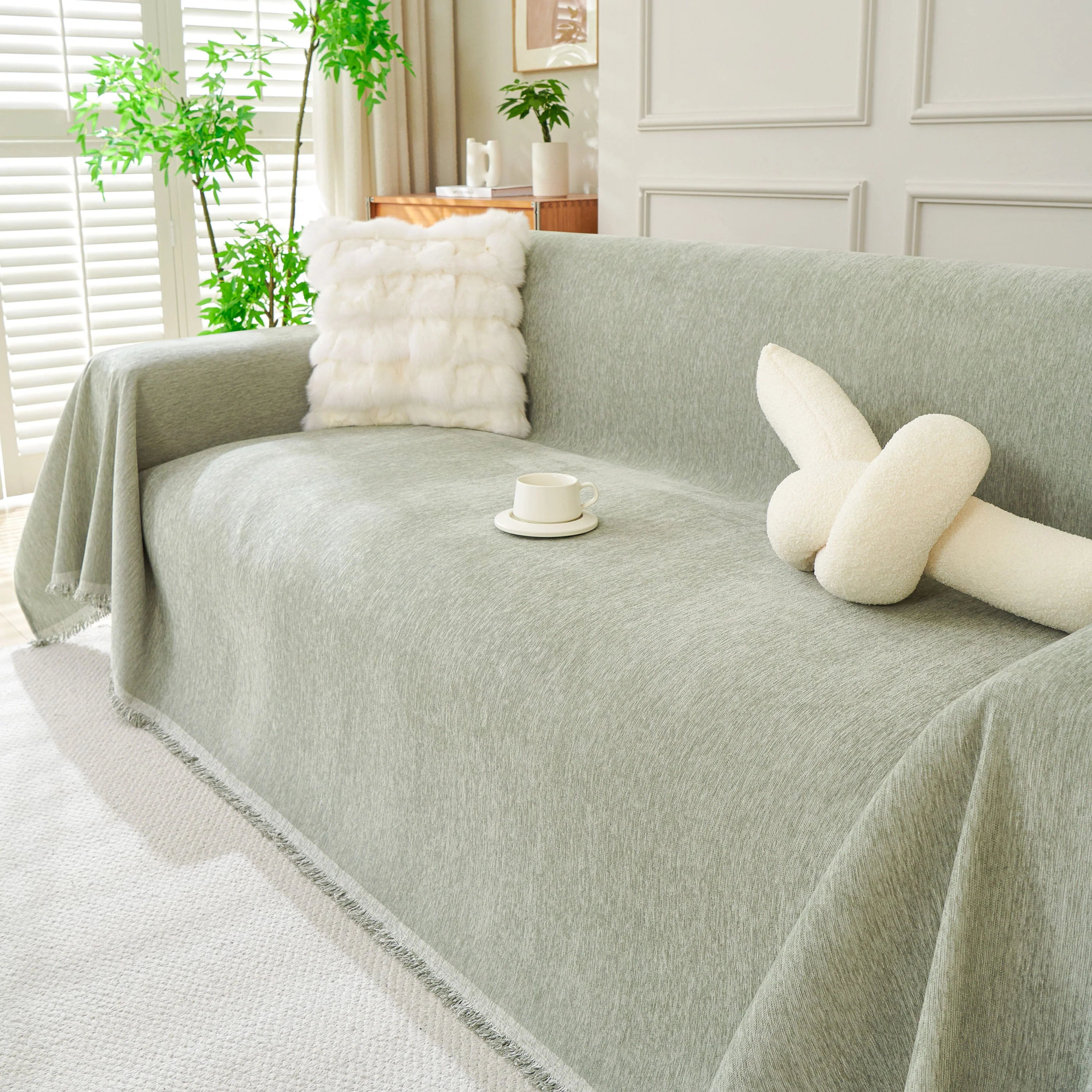 Solid Color Chenille Sofa Throw Blanket, Modern Decor Soft Couch Cover with Fringes - Image 89
