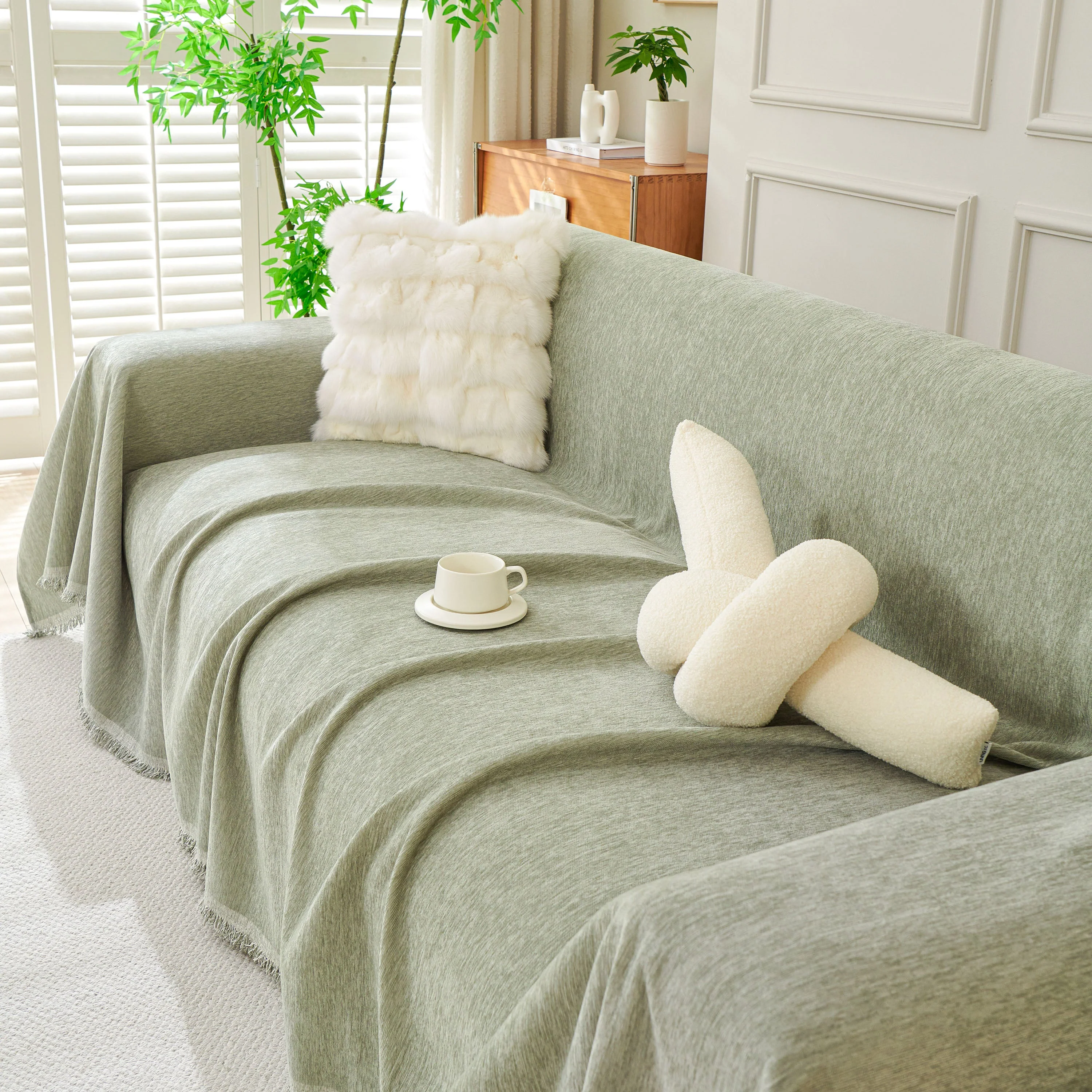 Solid Color Chenille Sofa Throw Blanket, Modern Decor Soft Couch Cover with Fringes - Image 90