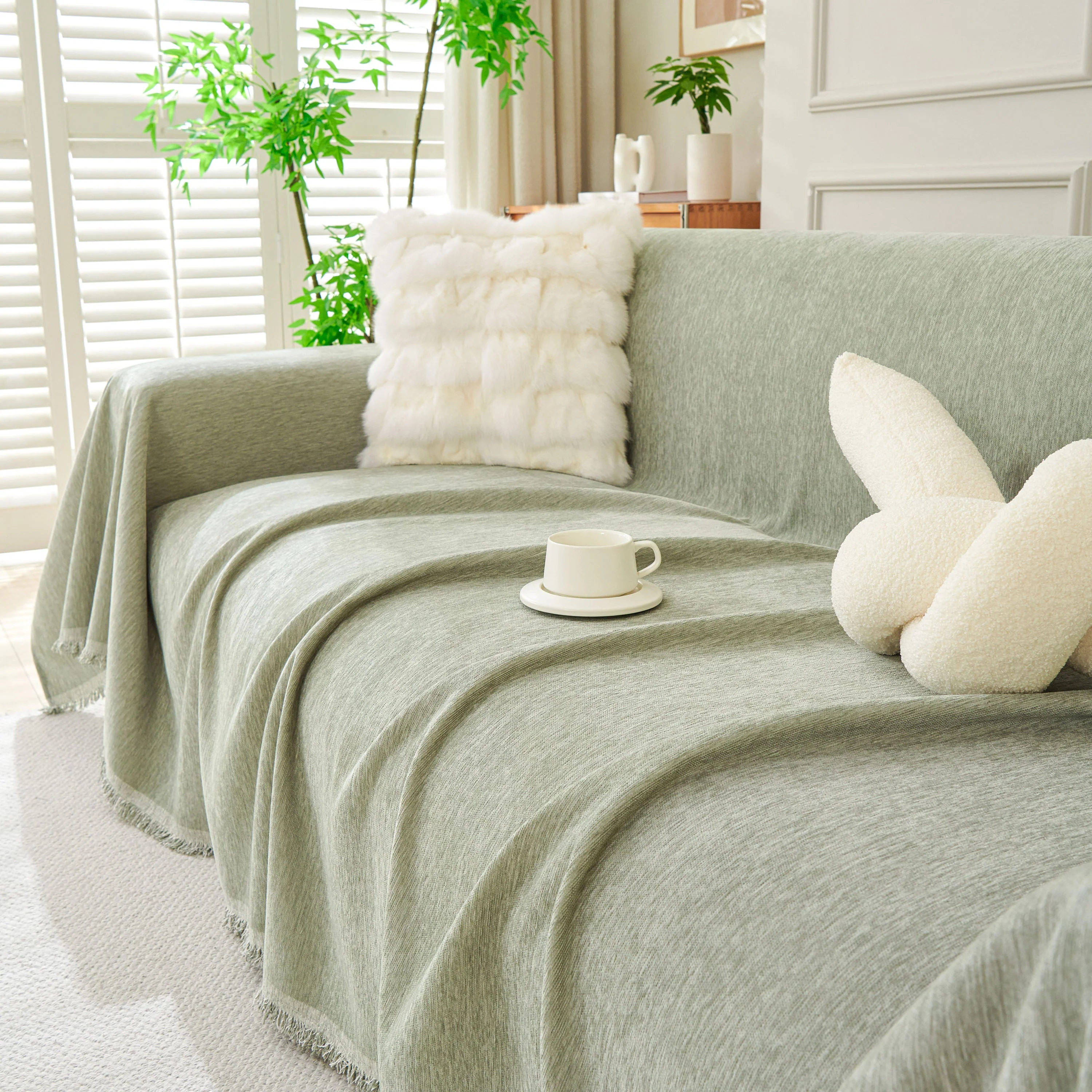 Solid Color Chenille Sofa Throw Blanket, Modern Decor Soft Couch Cover with Fringes - Image 91