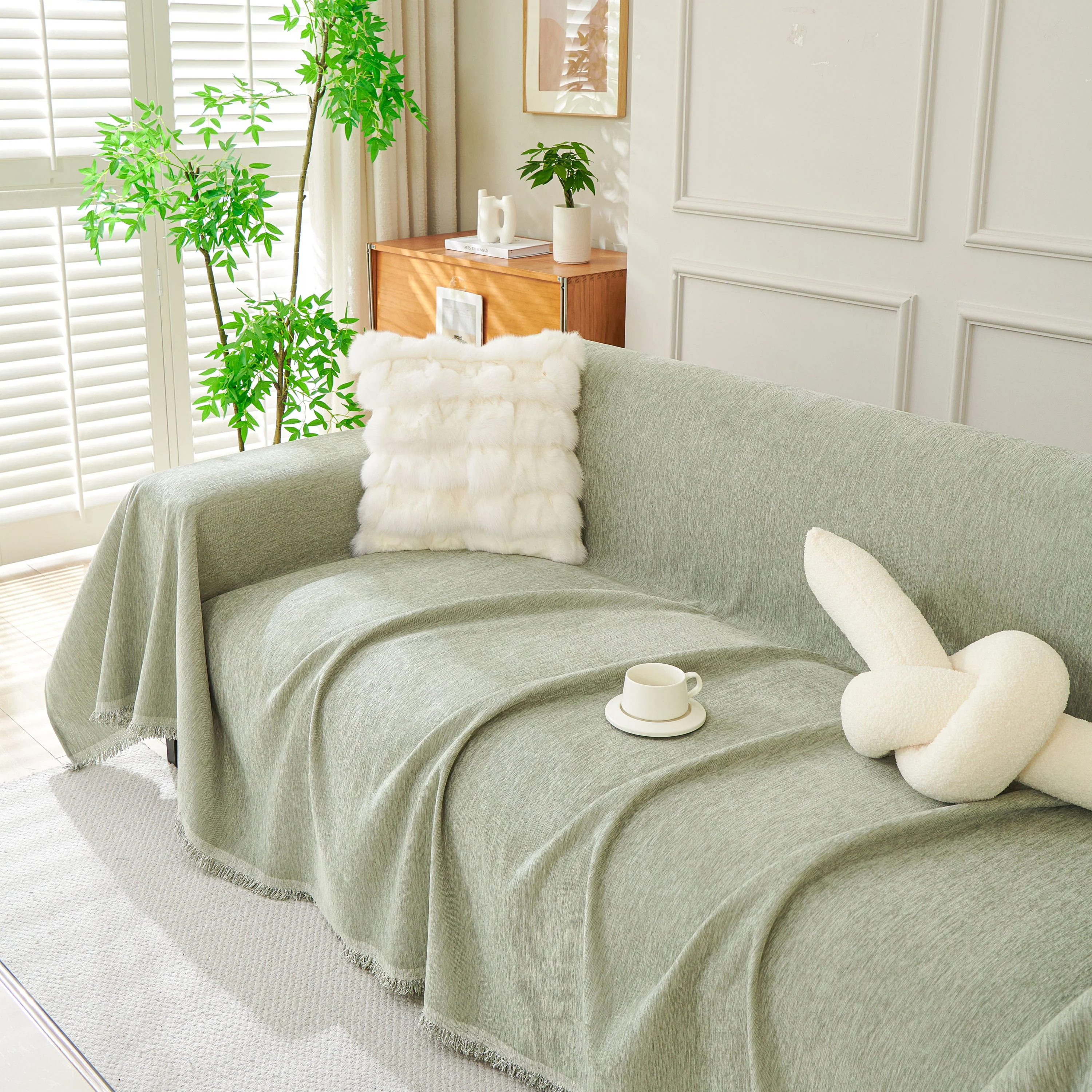 Solid Color Chenille Sofa Throw Blanket, Modern Decor Soft Couch Cover with Fringes - Image 92
