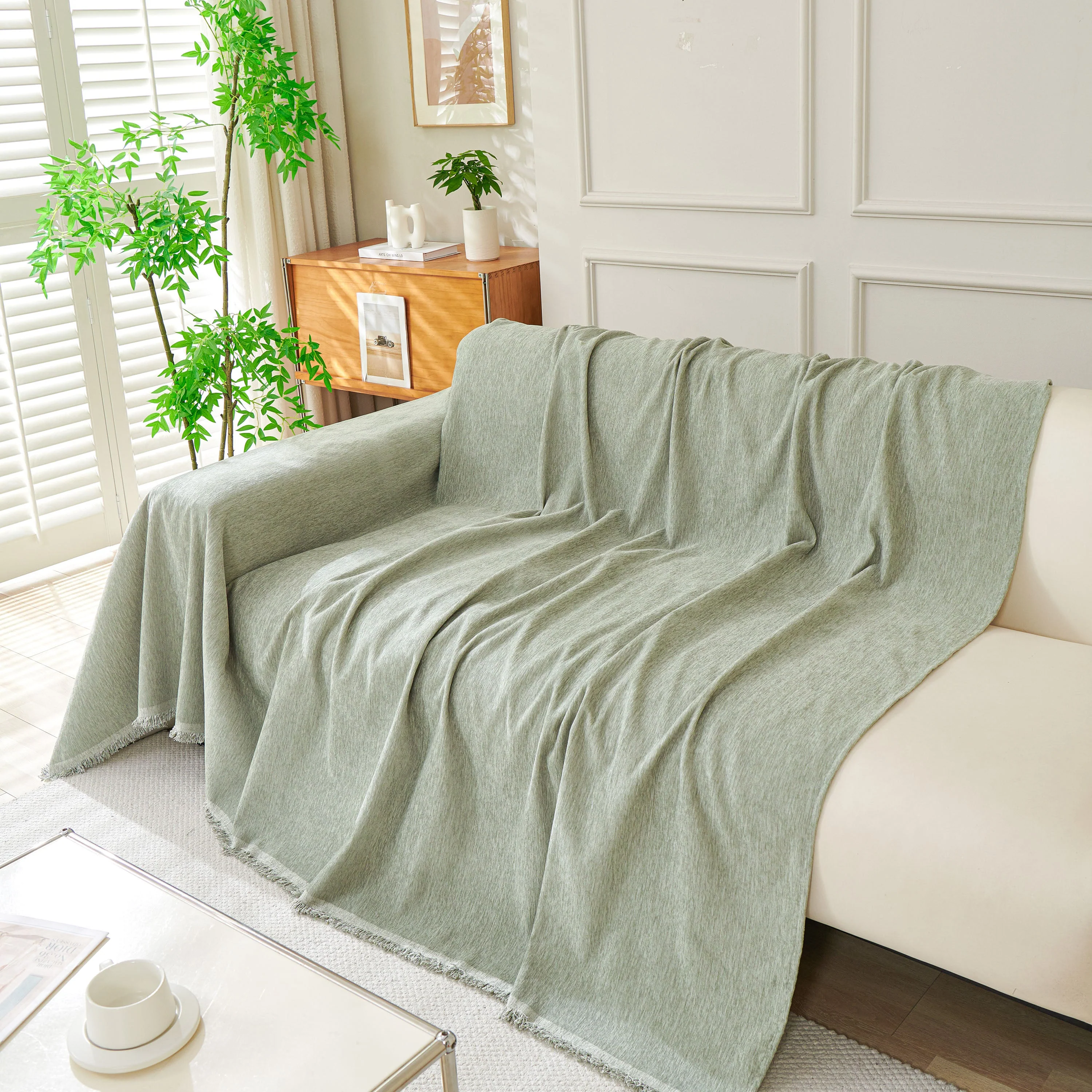 Solid Color Chenille Sofa Throw Blanket, Modern Decor Soft Couch Cover with Fringes - Image 97