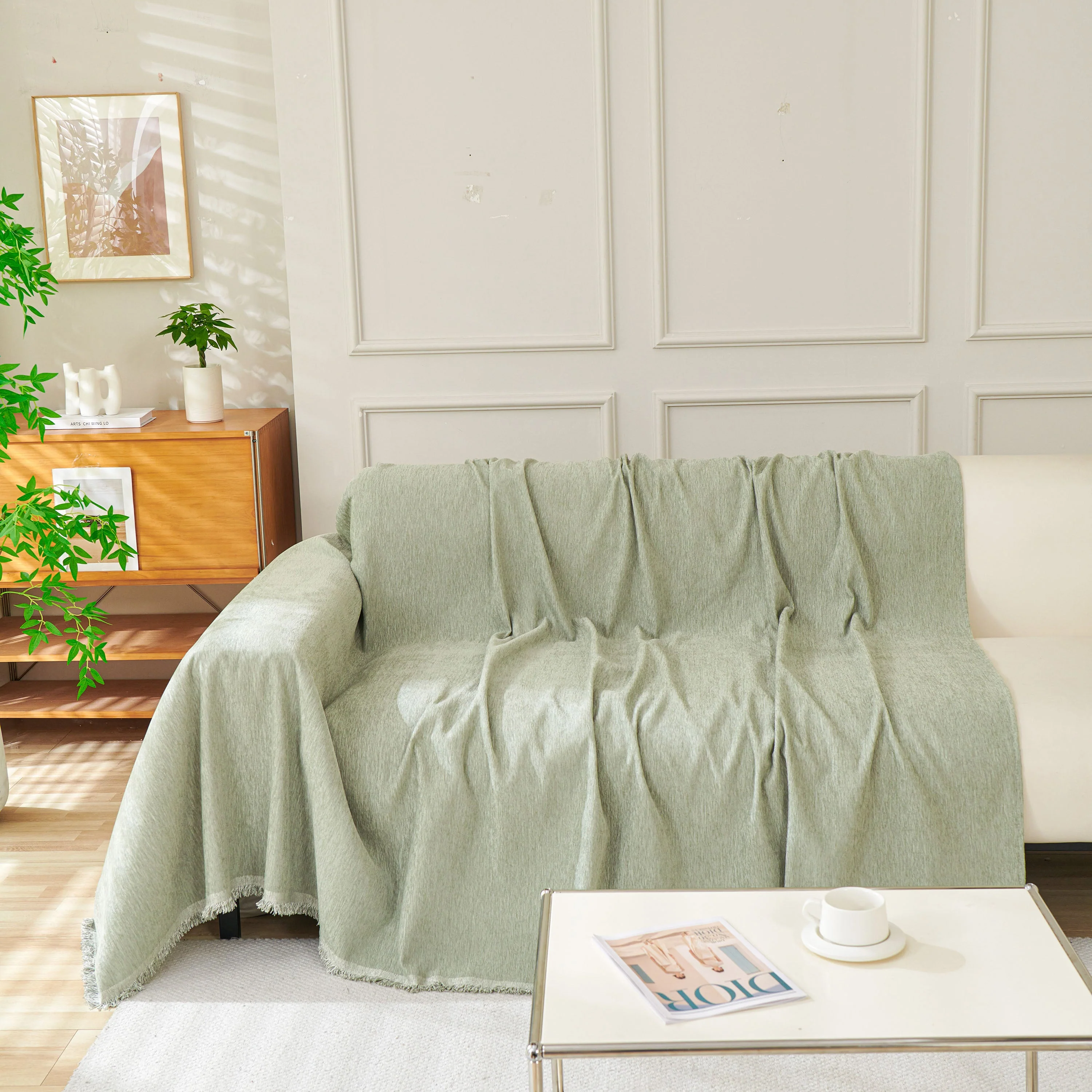 Solid Color Chenille Sofa Throw Blanket, Modern Decor Soft Couch Cover with Fringes - Image 98