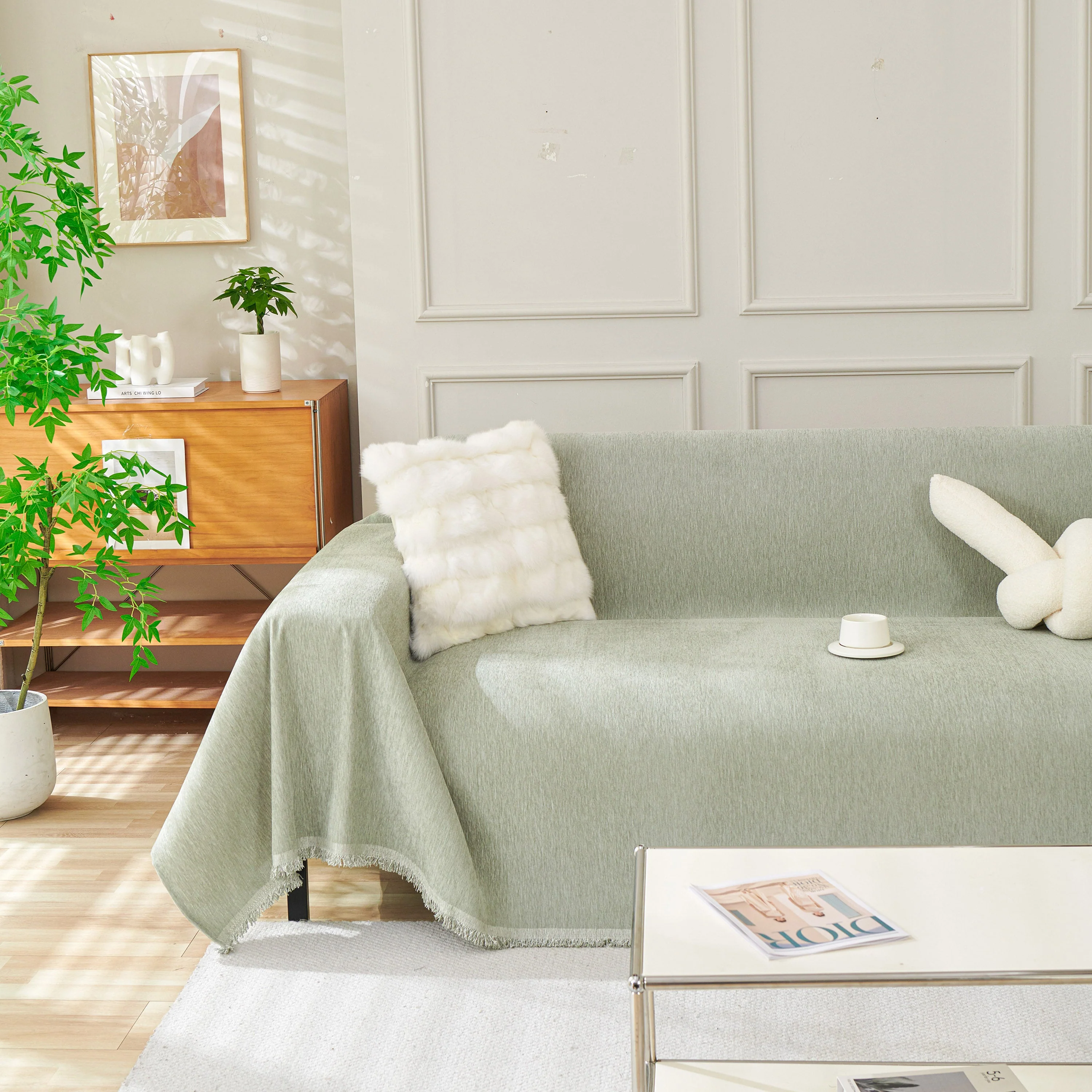 Solid Color Chenille Sofa Throw Blanket, Modern Decor Soft Couch Cover with Fringes - Image 99