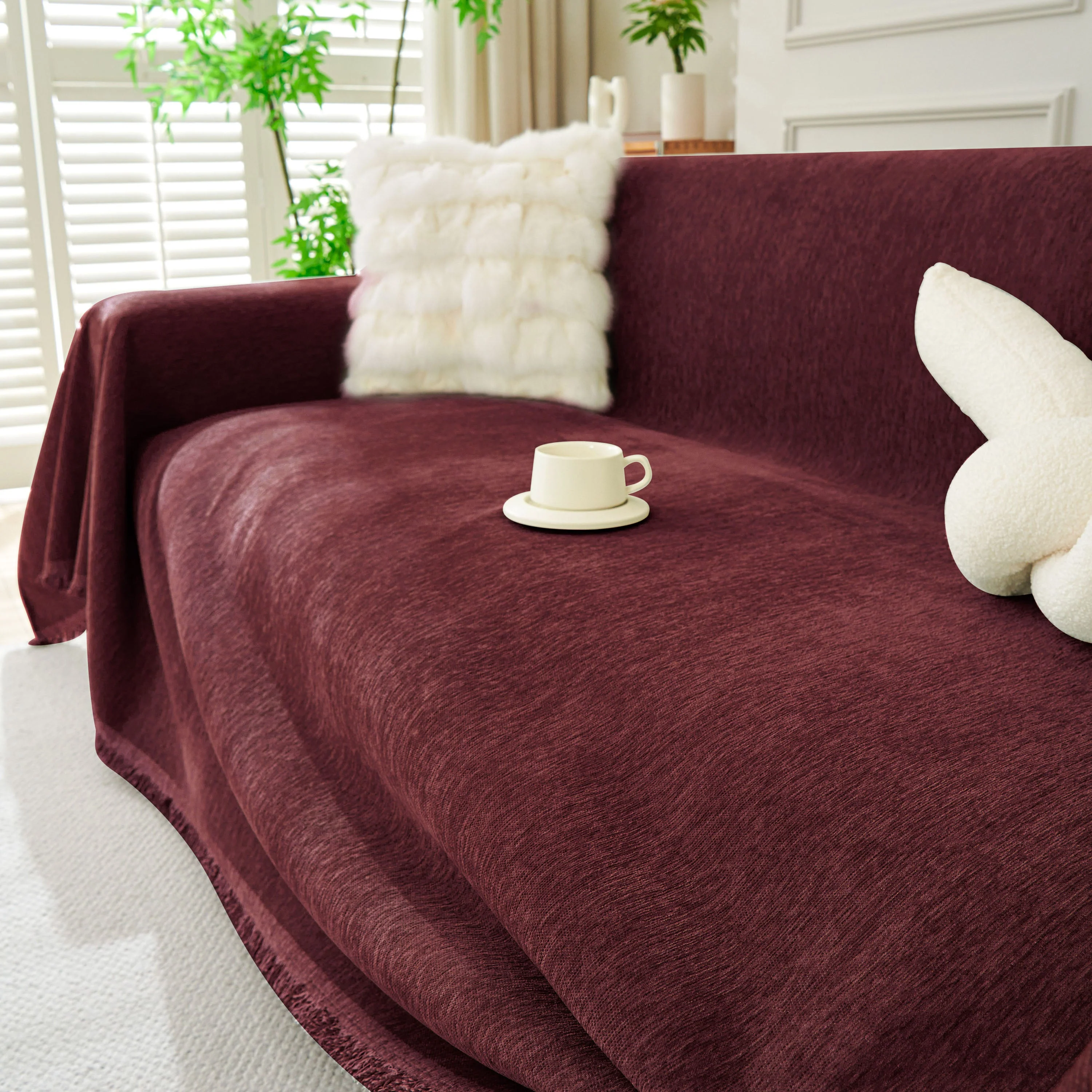 Solid Color Chenille Sofa Throw Blanket, Soft & Plush Decorative Couch Throw Cover - Image 11