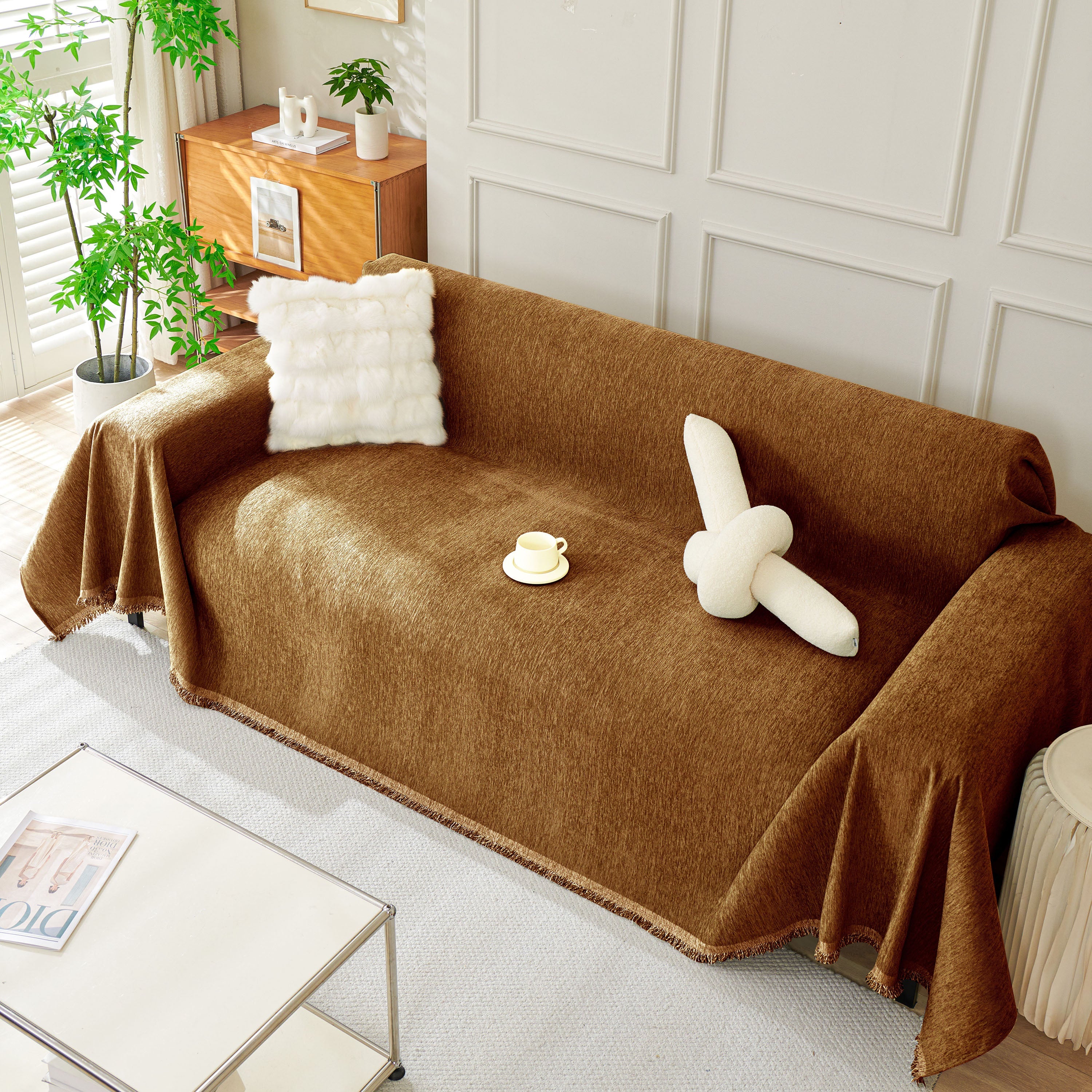 Solid Color Chenille Sofa Throw Blanket, Soft & Plush Decorative Couch Throw Cover - Image 29