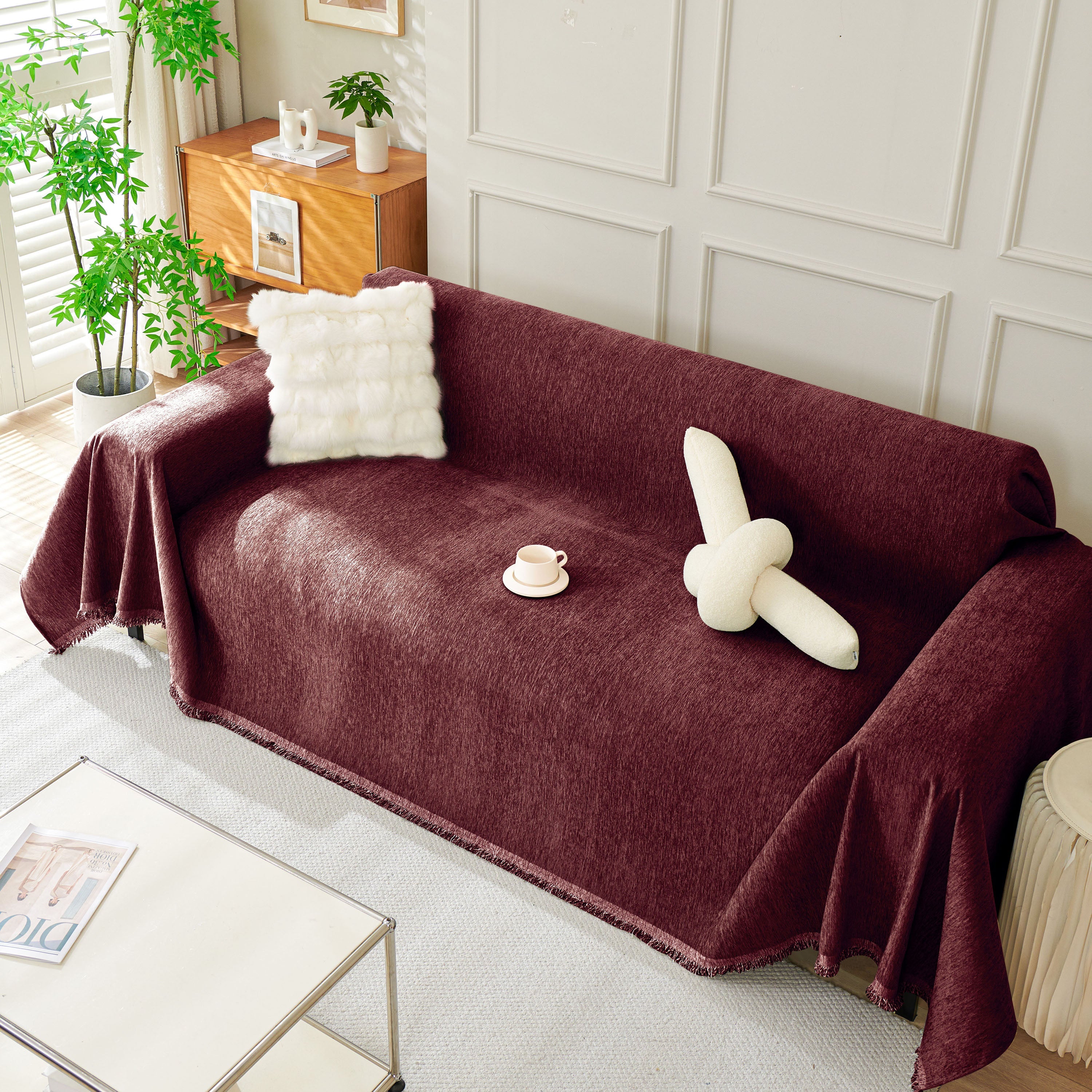 Solid Color Chenille Sofa Throw Blanket, Soft & Plush Decorative Couch Throw Cover - Image 3
